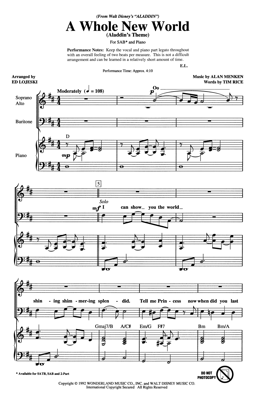 Alan Menken A Whole New World (Aladdin's Theme) (from Disney's Aladdin) (arr. Ed Lojeski) Sheet Music Notes & Chords for SAB Choir - Download or Print PDF