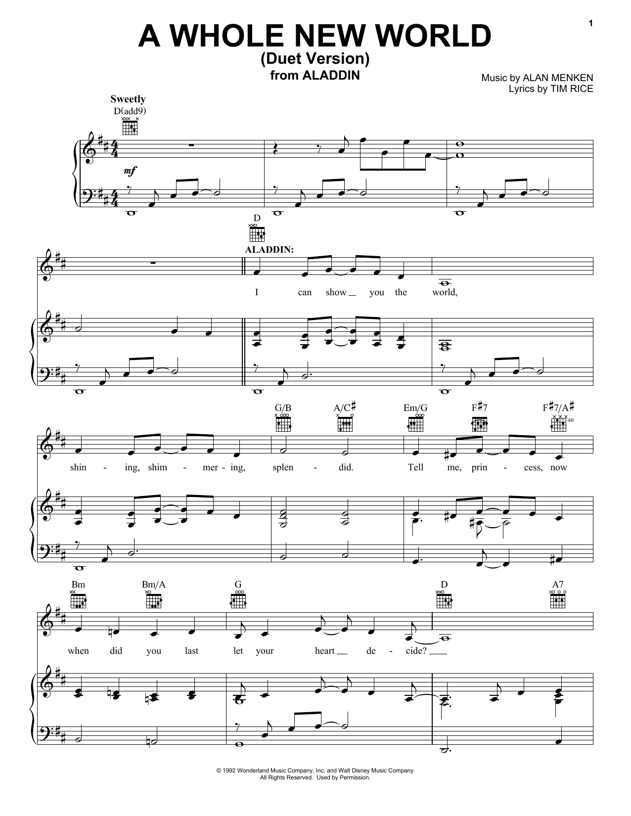 Alan Menken A Whole New World (Duet Version) (from Aladdin) Sheet Music Notes & Chords for Piano, Vocal & Guitar (Right-Hand Melody) - Download or Print PDF