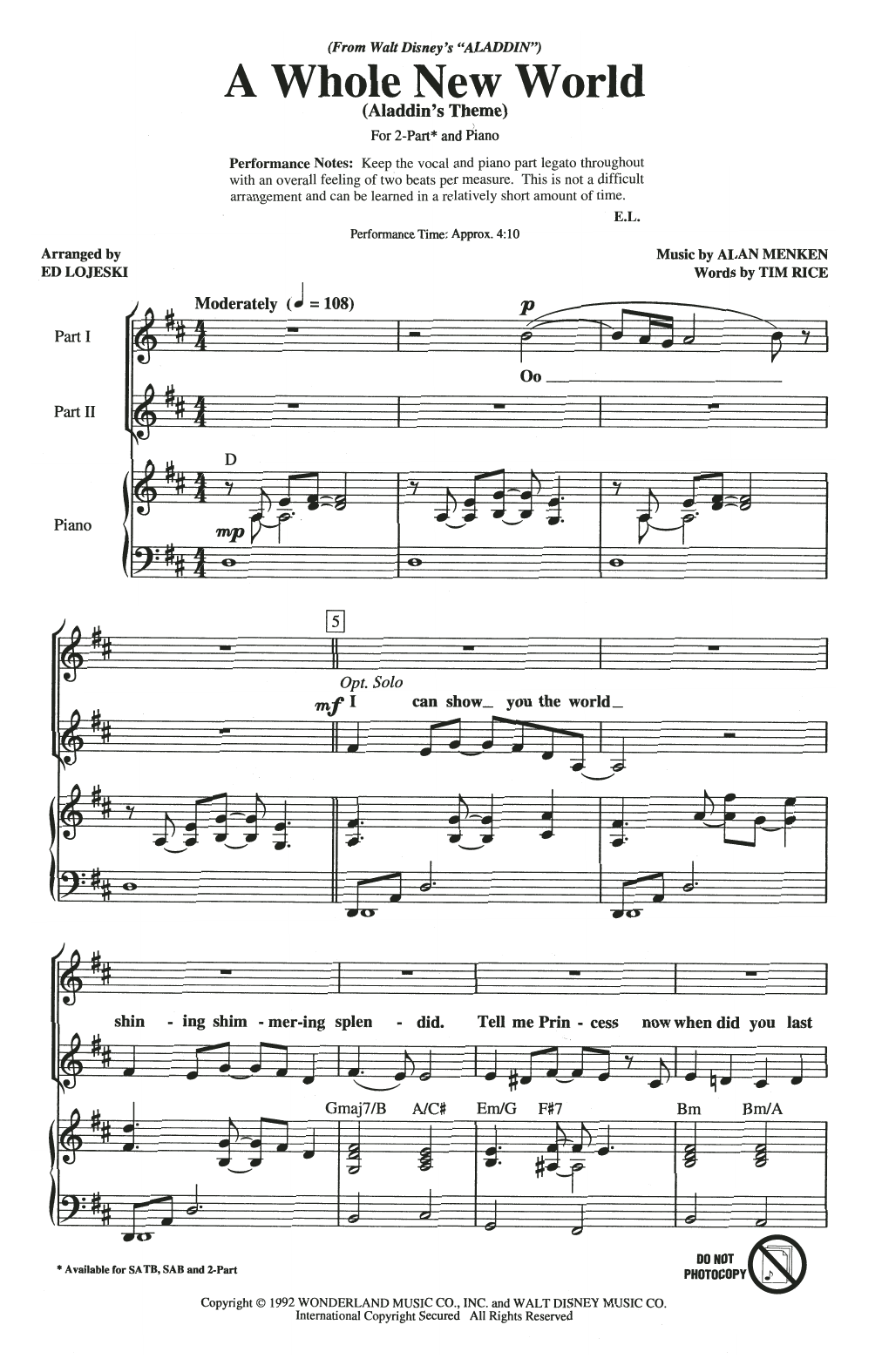 Alan Menken A Whole New World (Aladdin's Theme) (from Disney's Aladdin) (arr. Ed Lojeski) Sheet Music Notes & Chords for 2-Part Choir - Download or Print PDF