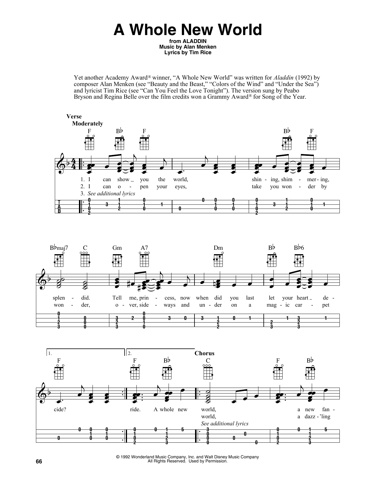 Alan Menken A Whole New World (from Aladdin) (arr. Fred Sokolow) Sheet Music Notes & Chords for Easy Ukulele Tab - Download or Print PDF