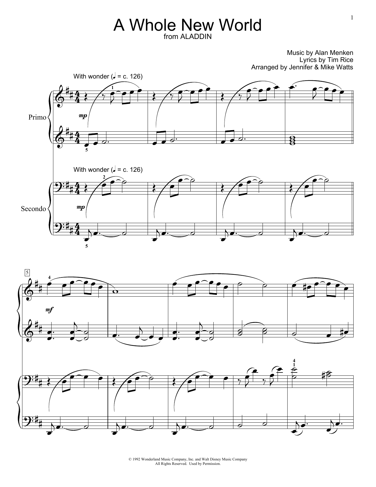 Alan Menken A Whole New World (from Aladdin) Sheet Music Notes & Chords for Piano Duet - Download or Print PDF