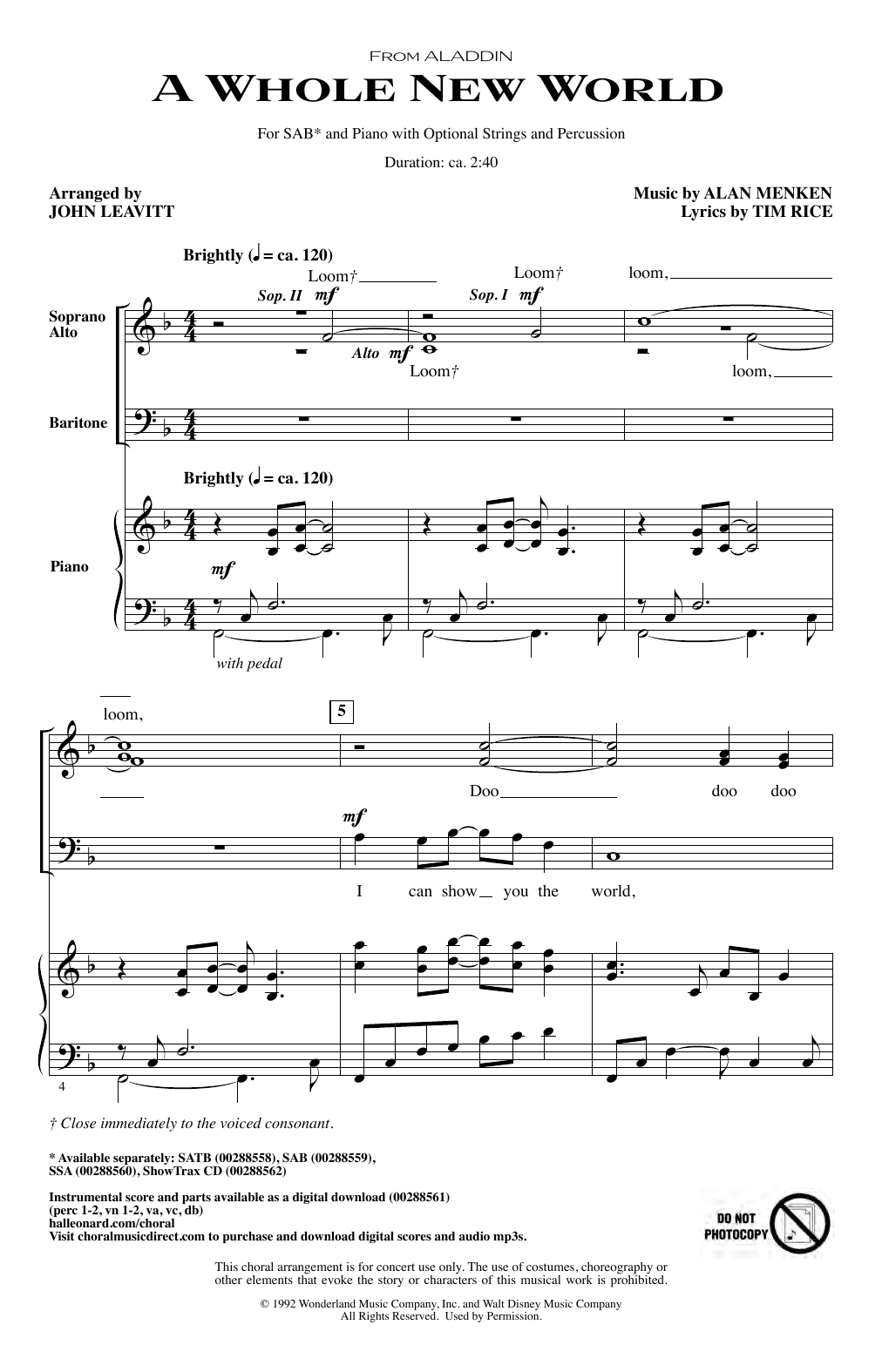 Alan Menken A Whole New World (from Aladdin) (arr. John Leavitt) Sheet Music Notes & Chords for SAB Choir - Download or Print PDF
