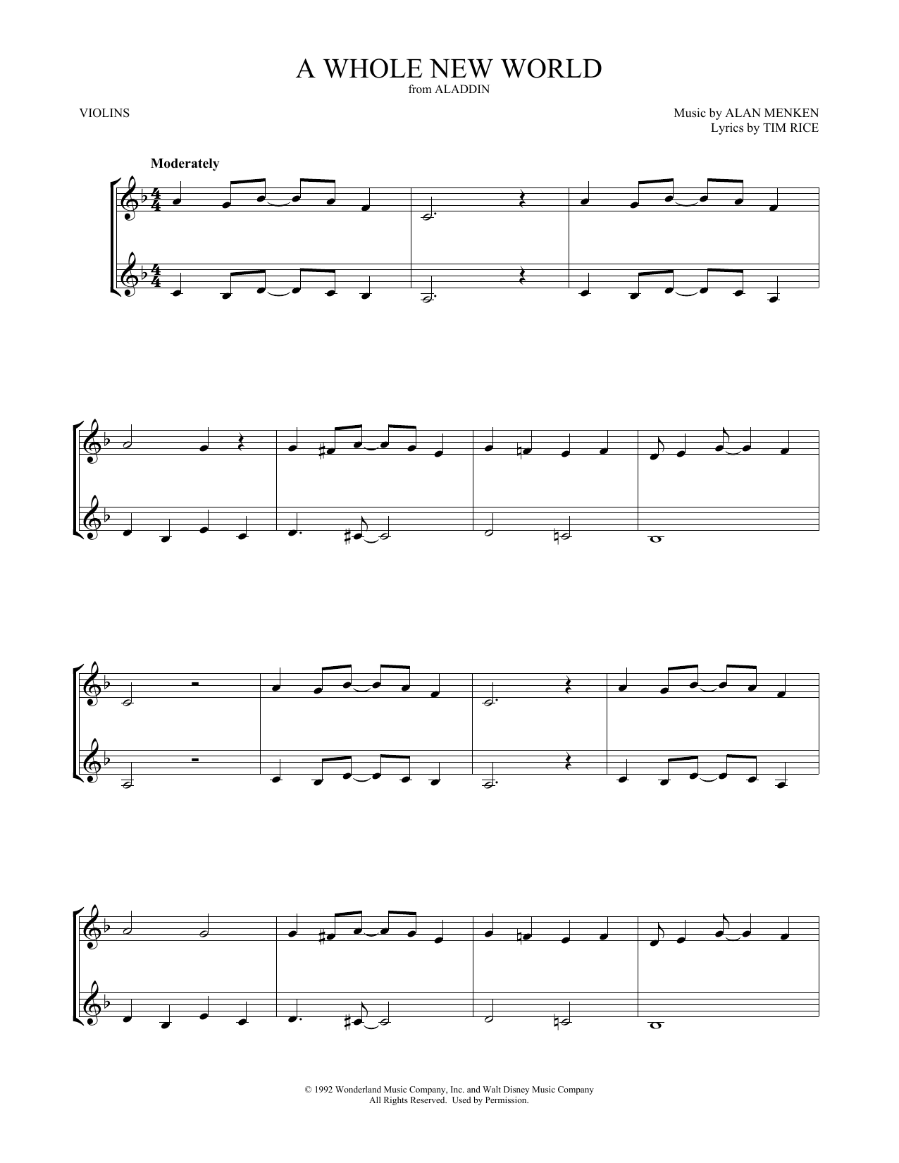 Alan Menken A Whole New World (from Aladdin) (arr. Mark Phillips) Sheet Music Notes & Chords for Violin Duet - Download or Print PDF