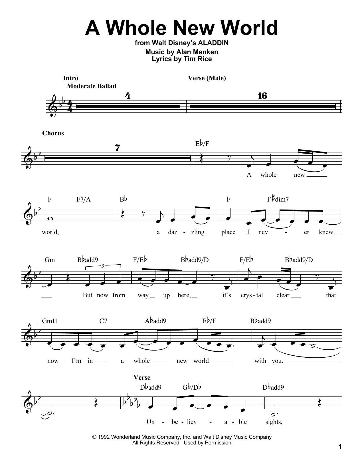 Alan Menken A Whole New World (from Aladdin) Sheet Music Notes & Chords for Voice - Download or Print PDF
