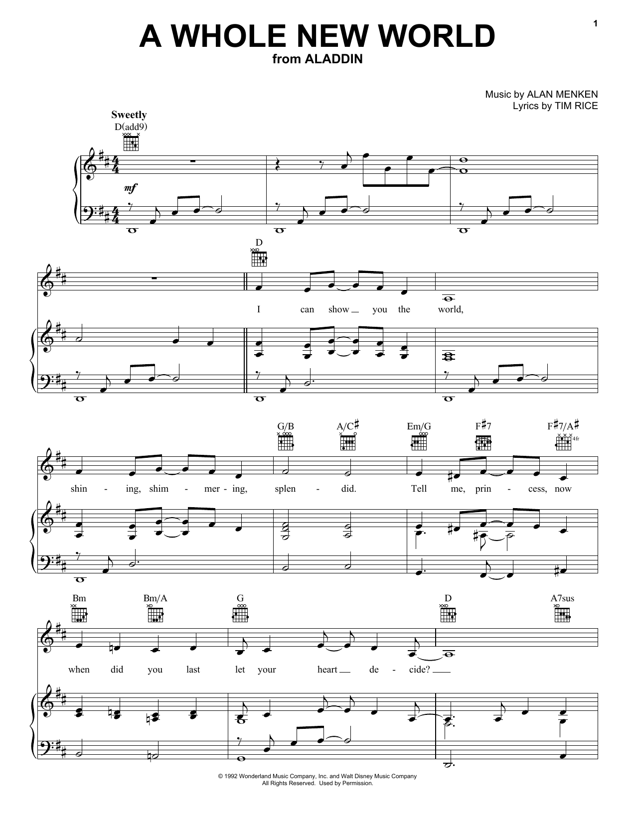 Alan Menken A Whole New World (from Aladdin) Sheet Music Notes & Chords for Easy Piano - Download or Print PDF