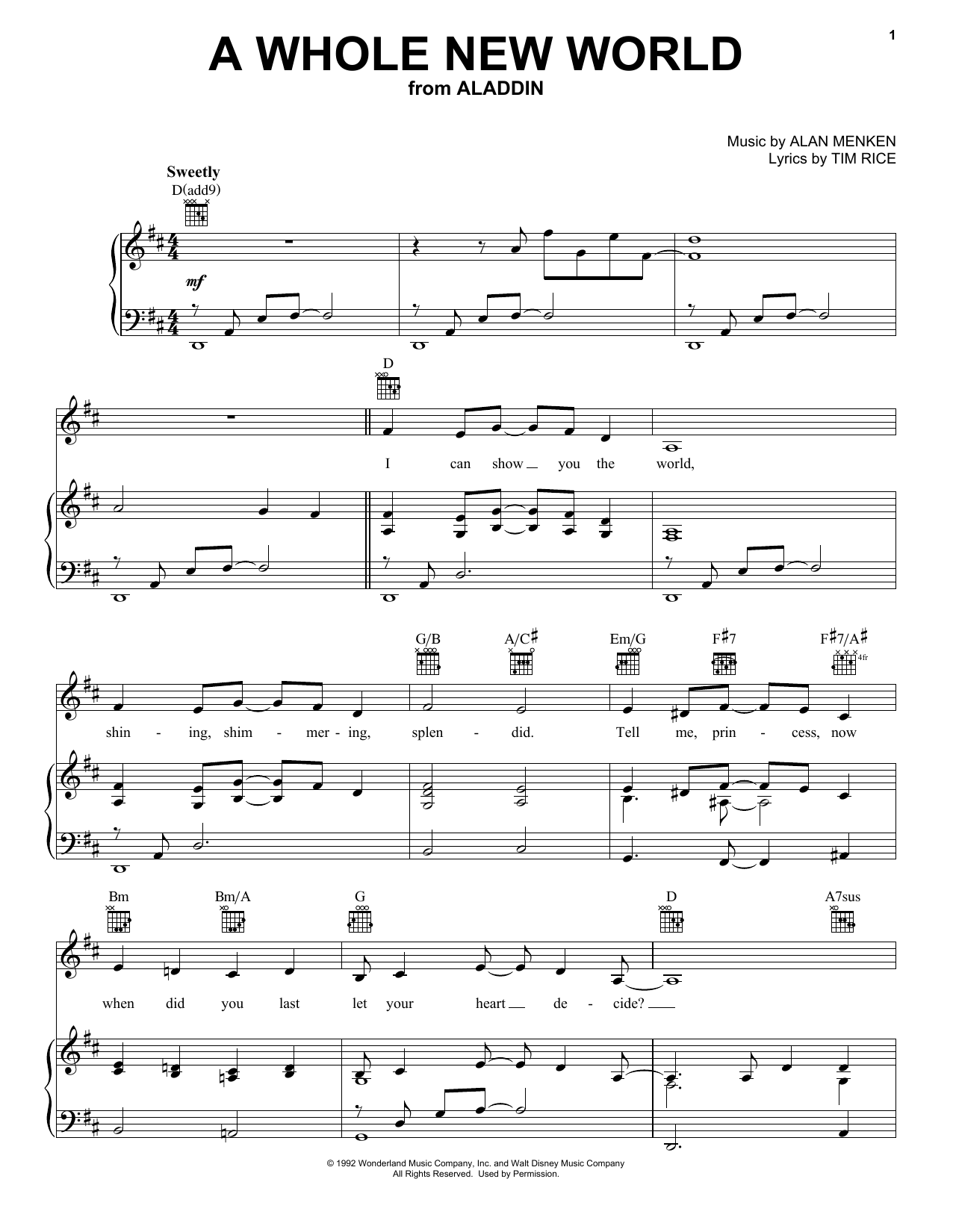 Alan Menken A Whole New World (from Aladdin) sheet music notes and chords. Download Printable PDF.