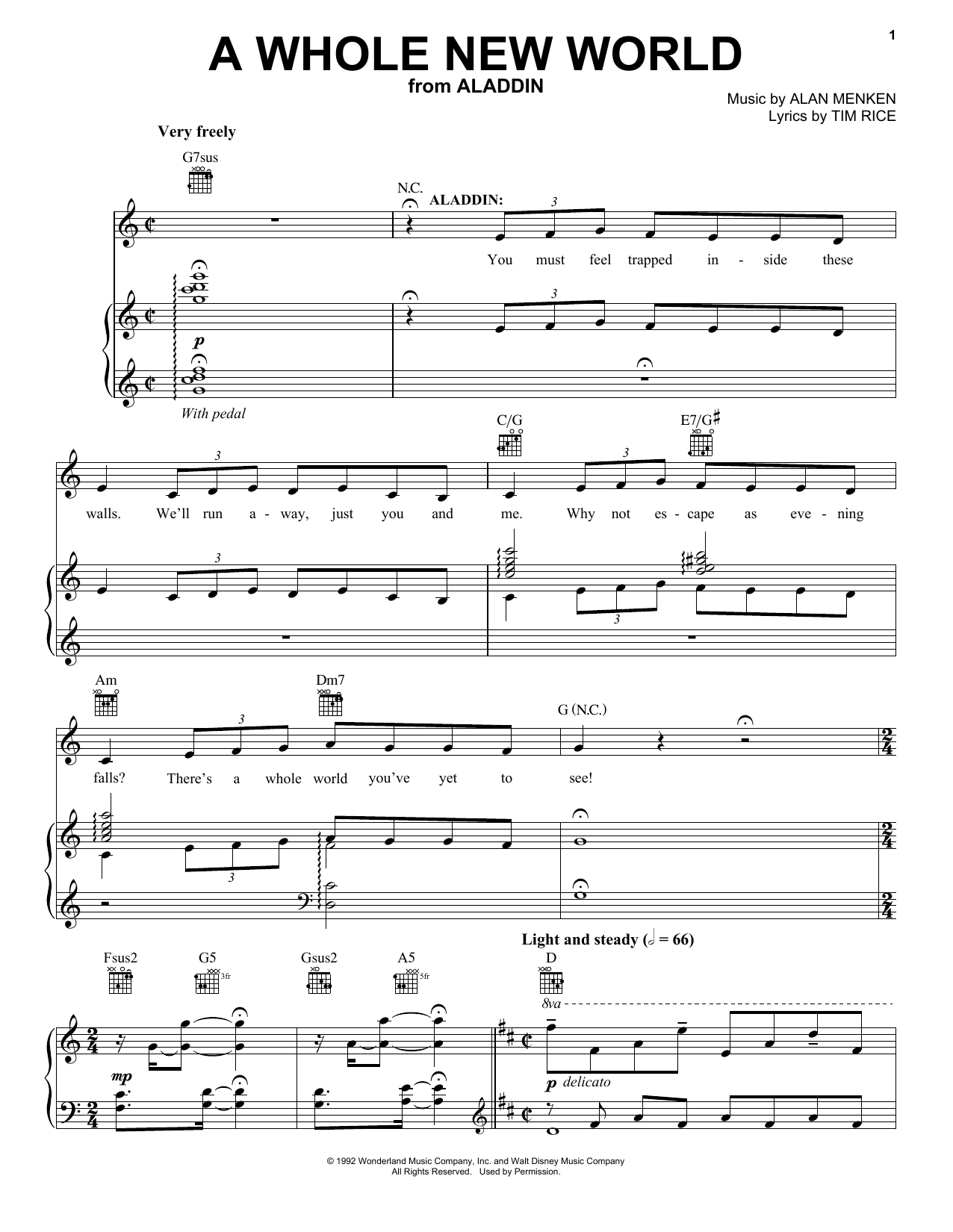 Alan Menken A Whole New World (from Aladdin: The Broadway Musical) Sheet Music Notes & Chords for Piano, Vocal & Guitar (Right-Hand Melody) - Download or Print PDF