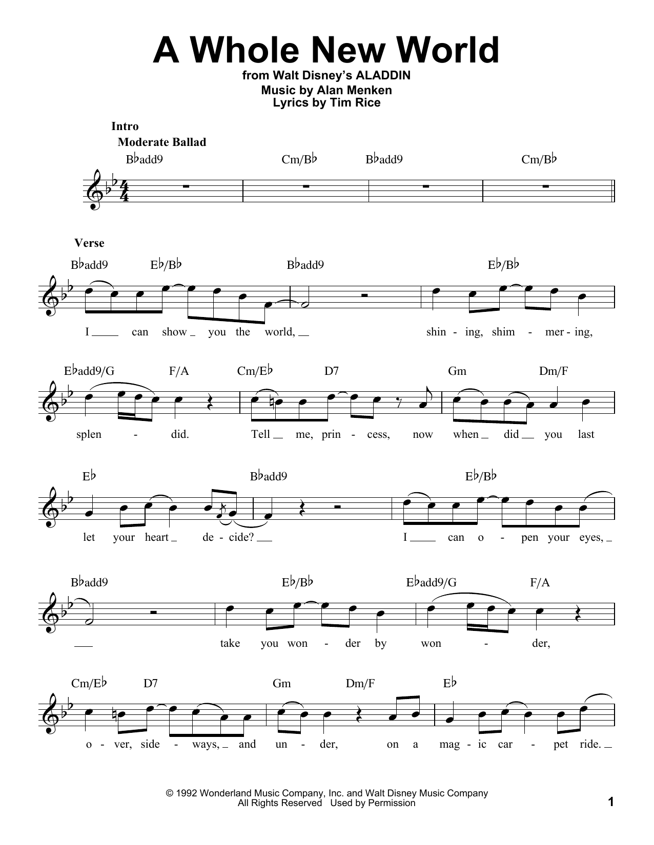 Alan Menken A Whole New World (from Aladdin) Sheet Music Notes & Chords for Voice - Download or Print PDF