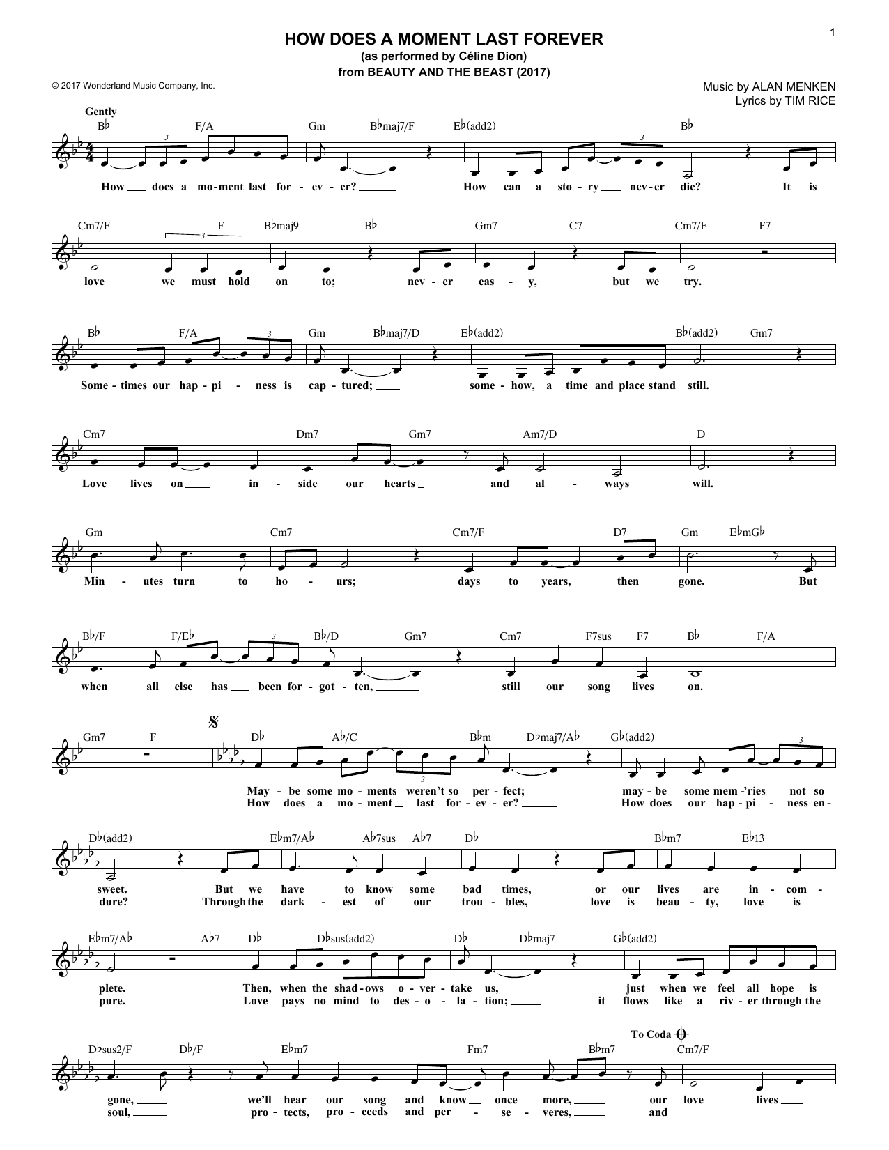 Alan Menken & Tim Rice How Does A Moment Last Forever (from Beauty And The Beast) (2017) Sheet Music Notes & Chords for Lead Sheet / Fake Book - Download or Print PDF