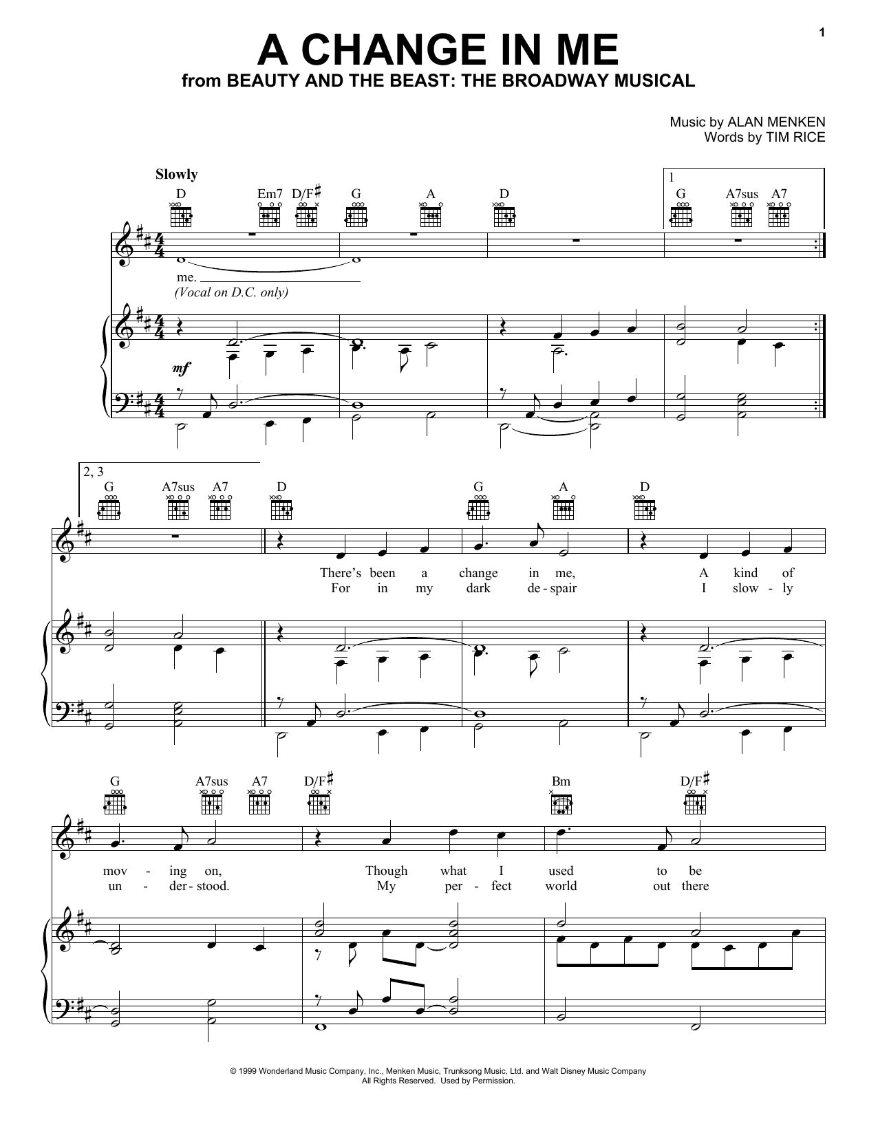 Alan Menken A Change In Me (from Beauty and the Beast: The Musical) Sheet Music Notes & Chords for Piano, Vocal & Guitar (Right-Hand Melody) - Download or Print PDF Alan Menken A Change In Me (from Beauty and the Beast: The Musical) Sheet Music Notes & Chords for Piano, Vocal & Guitar (Right-Hand Melody) - Download or Print PDF