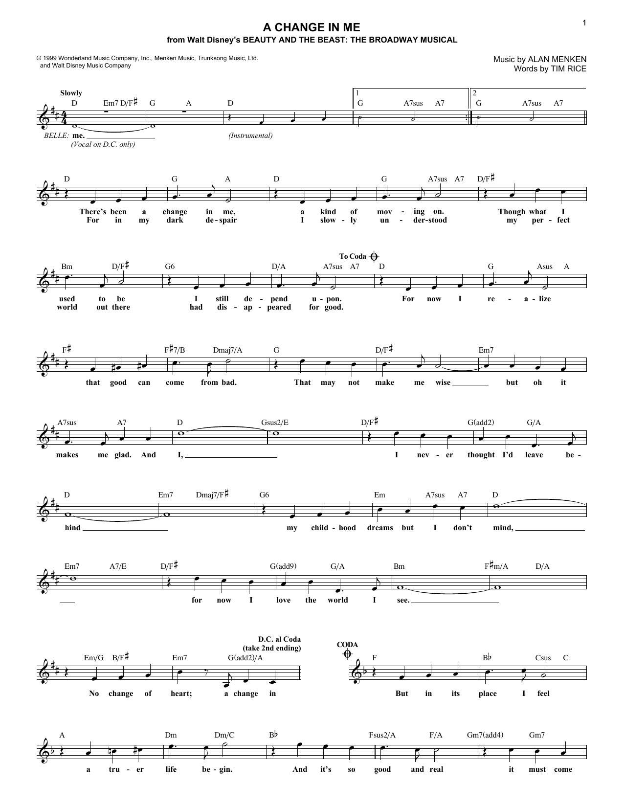 Alan Menken A Change In Me Sheet Music Notes & Chords for Melody Line, Lyrics & Chords - Download or Print PDF