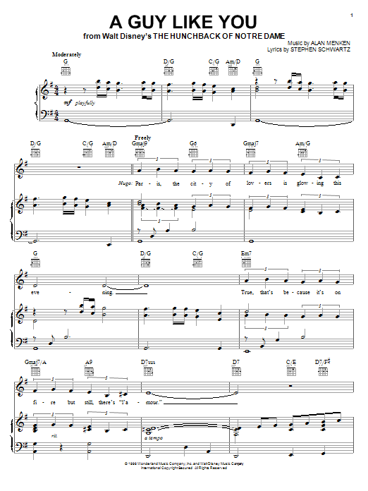 Alan Menken A Guy Like You Sheet Music Notes & Chords for Piano, Vocal & Guitar (Right-Hand Melody) - Download or Print PDF