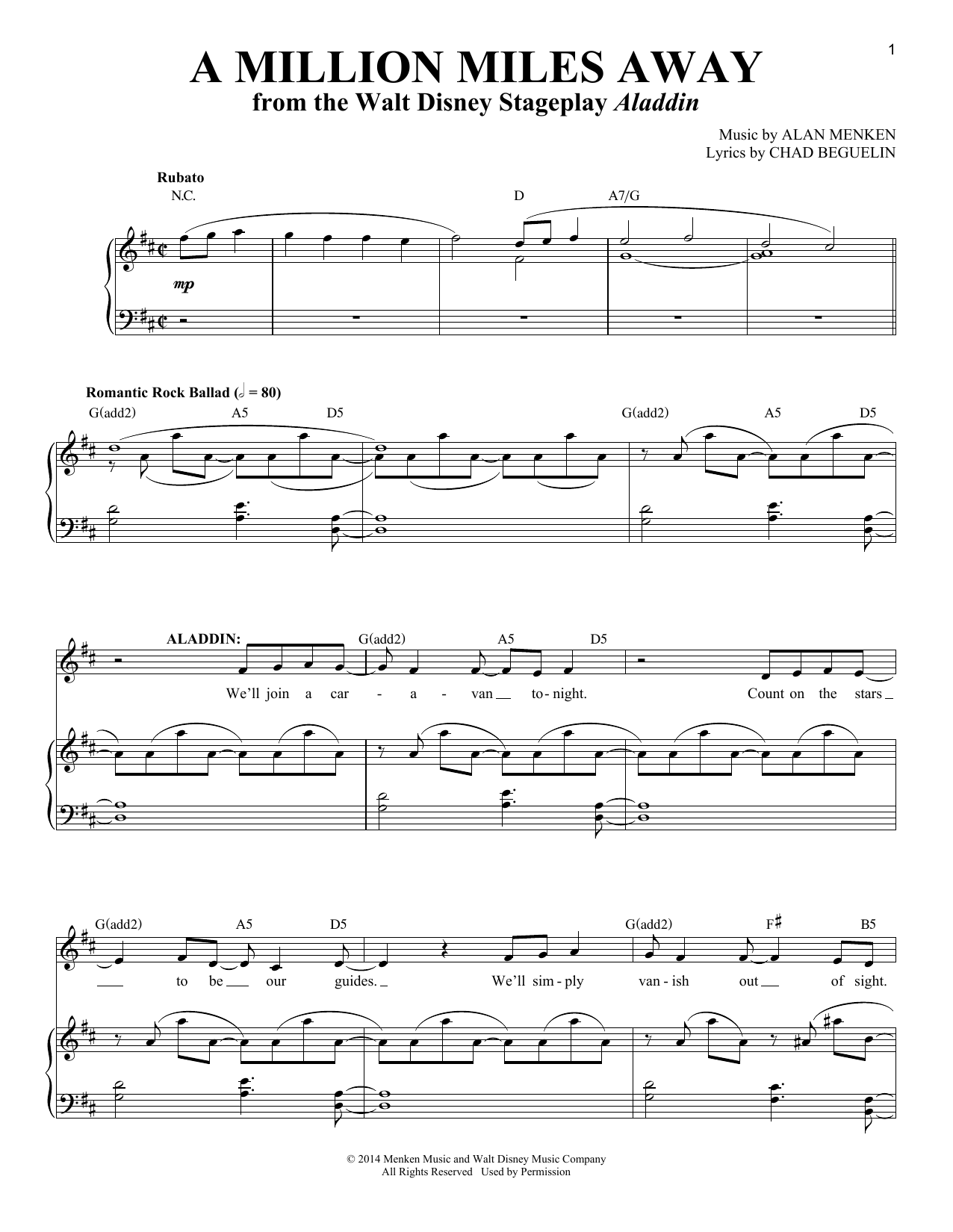 Alan Menken A Million Miles Away Sheet Music Notes & Chords for Vocal Duet - Download or Print PDF