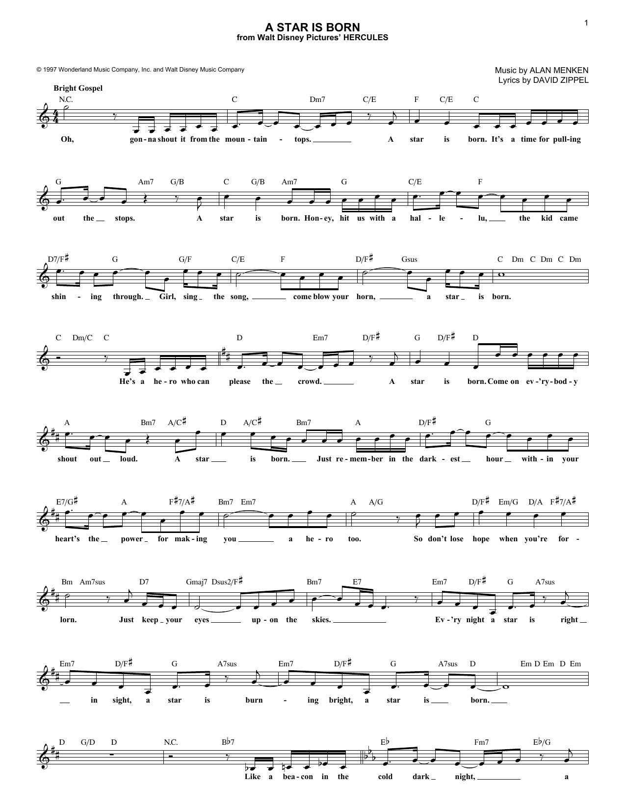 Alan Menken A Star Is Born Sheet Music Notes & Chords for Melody Line, Lyrics & Chords - Download or Print PDF