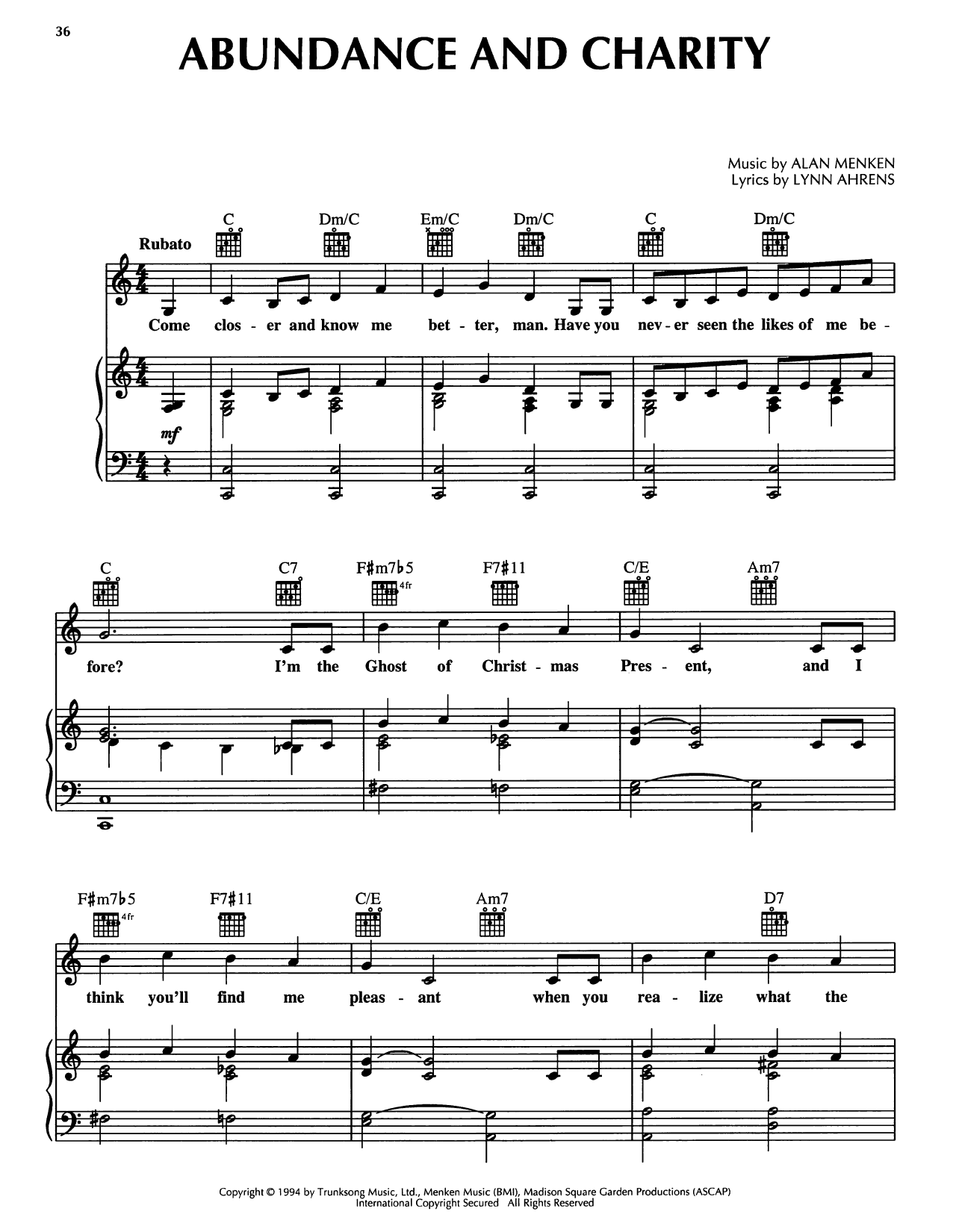 Alan Menken Abundance And Charity (from A Christmas Carol) Sheet Music Notes & Chords for Piano, Vocal & Guitar Chords (Right-Hand Melody) - Download or Print PDF