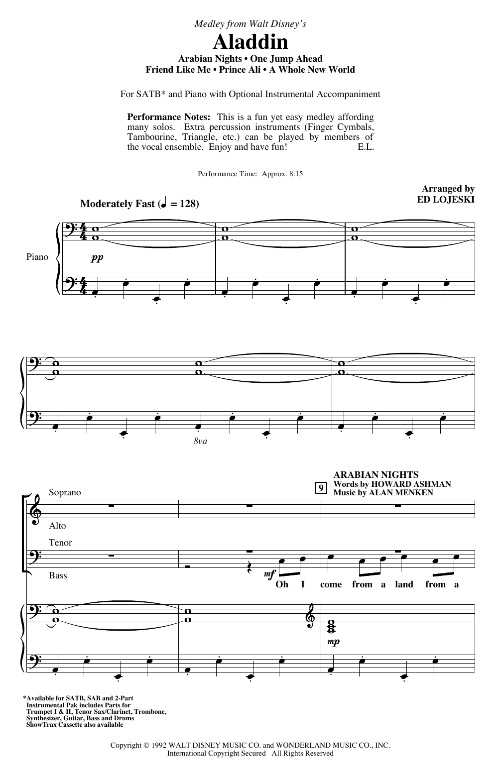 Alan Menken Aladdin (Medley) (from Disney's Aladdin) (arr. Ed Lojeski) Sheet Music Notes & Chords for SATB Choir - Download or Print PDF