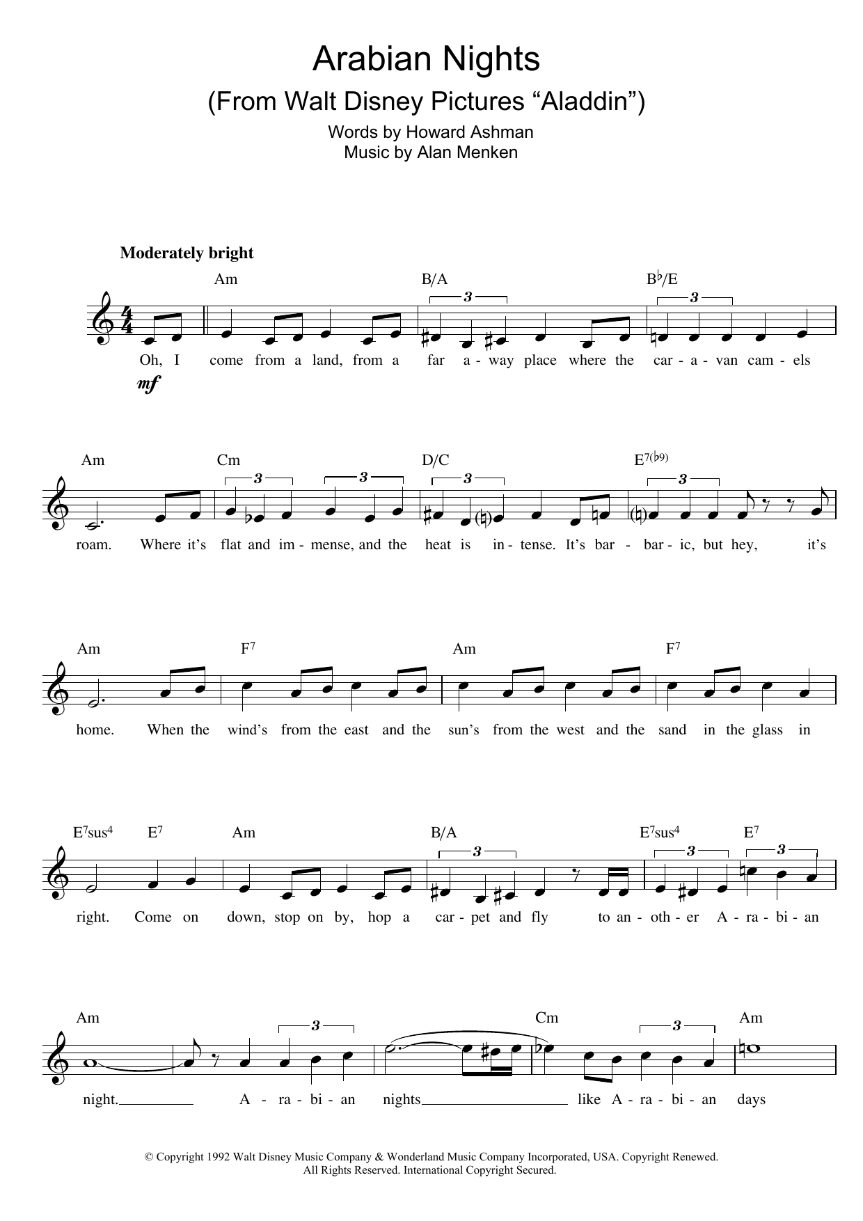 Alan Menken Arabian Nights (from Aladdin) Sheet Music Notes & Chords for Piano, Vocal & Guitar (Right-Hand Melody) - Download or Print PDF