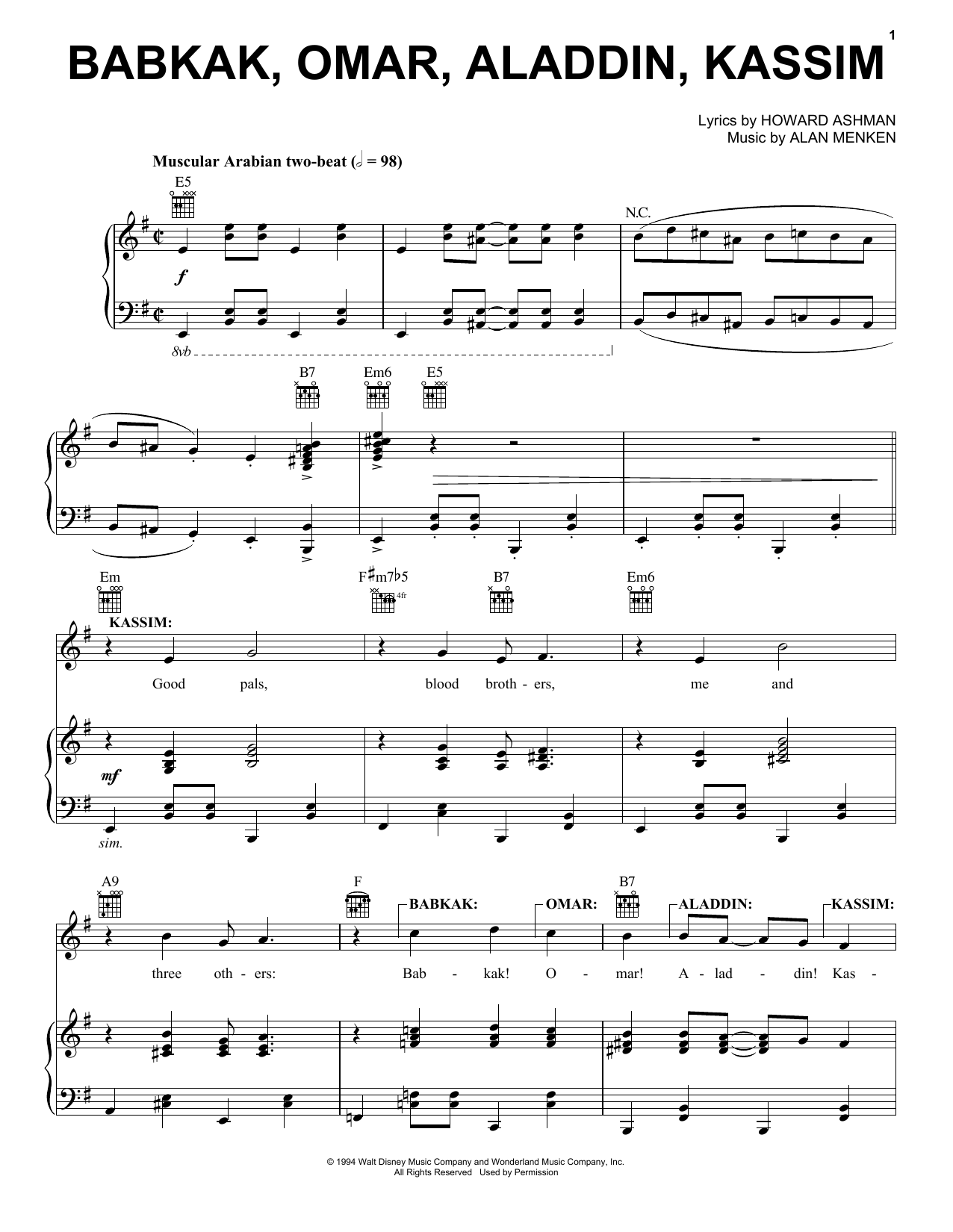 Alan Menken Babkak, Omar, Aladdin, Kassim (from Aladdin: The Broadway Musical) Sheet Music Notes & Chords for Piano, Vocal & Guitar (Right-Hand Melody) - Download or Print PDF