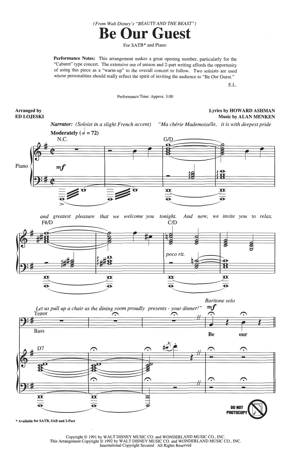 Alan Menken Be Our Guest (from Beauty And The Beast) (arr. Ed Lojeski) Sheet Music Notes & Chords for SATB Choir - Download or Print PDF