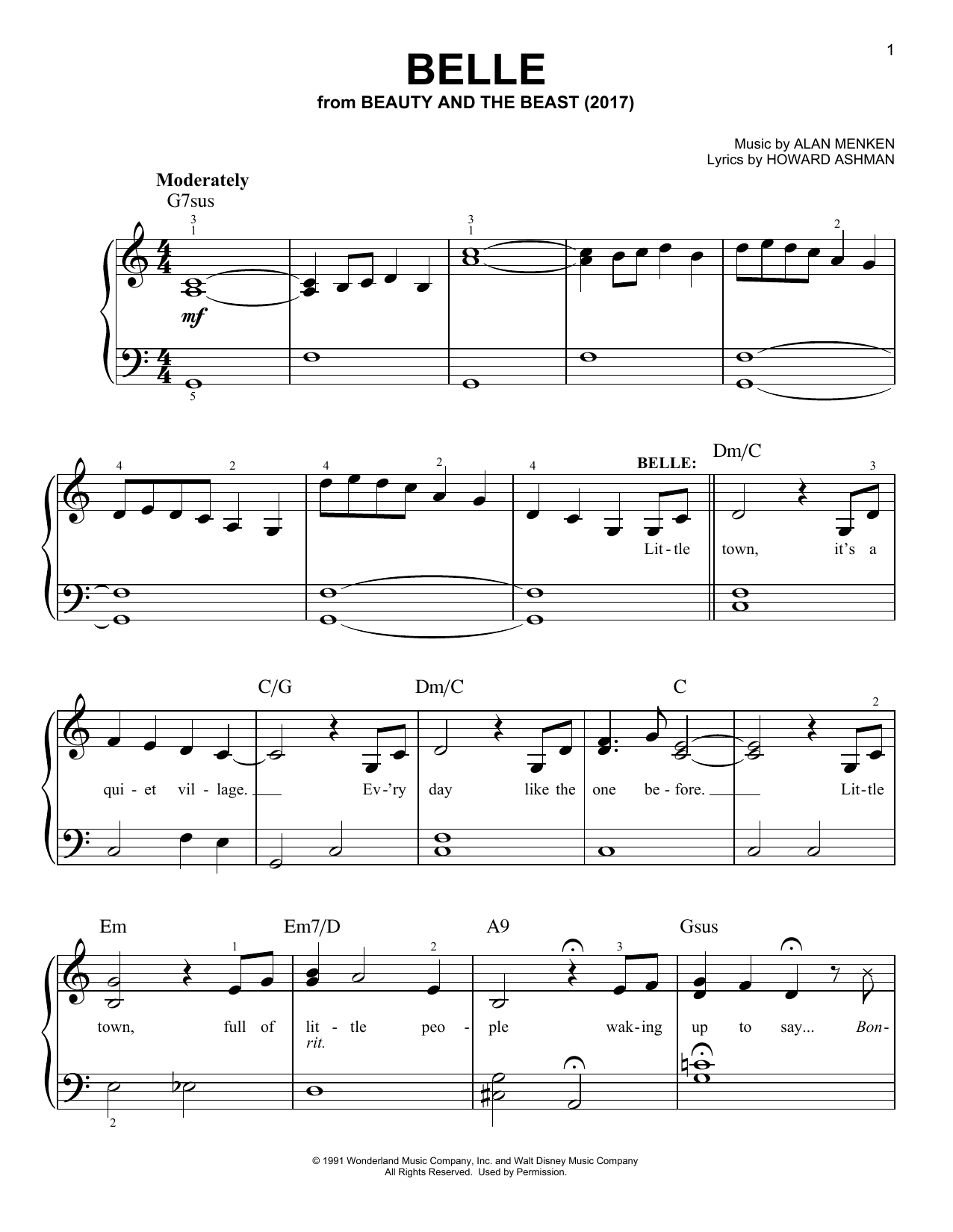 Alan Menken Belle (from Beauty And The Beast) Sheet Music Notes & Chords for Piano, Vocal & Guitar (Right-Hand Melody) - Download or Print PDF