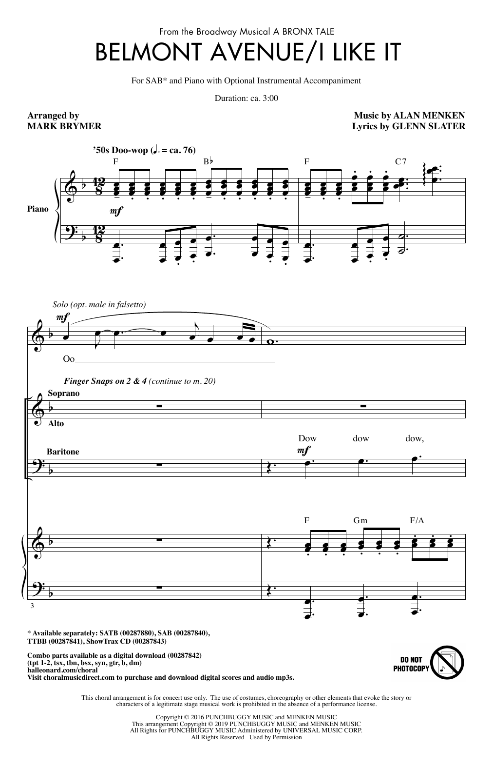 Alan Menken Belmont Avenue/I Like It (from A Bronx Tale) (arr. Mark Brymer) Sheet Music Notes & Chords for SAB Choir - Download or Print PDF