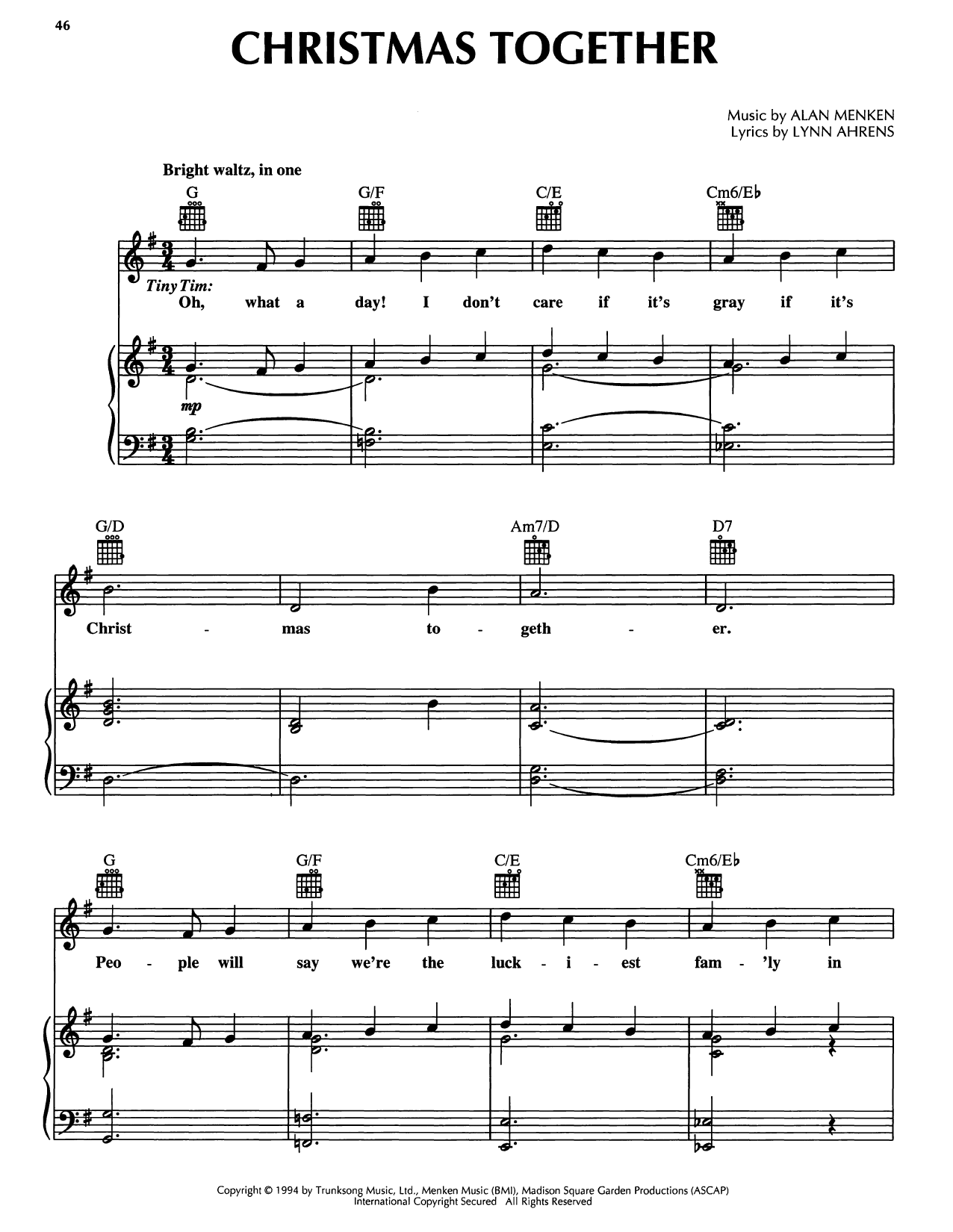 Alan Menken Christmas Together (from A Christmas Carol) Sheet Music Notes & Chords for Piano, Vocal & Guitar Chords (Right-Hand Melody) - Download or Print PDF