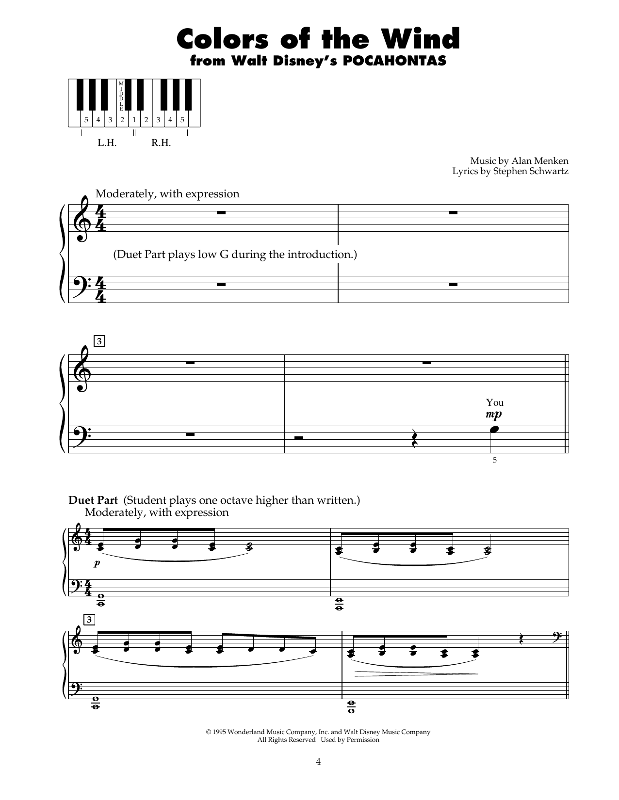 Alan Menken Colors Of The Wind Sheet Music Notes & Chords for 5-Finger Piano - Download or Print PDF