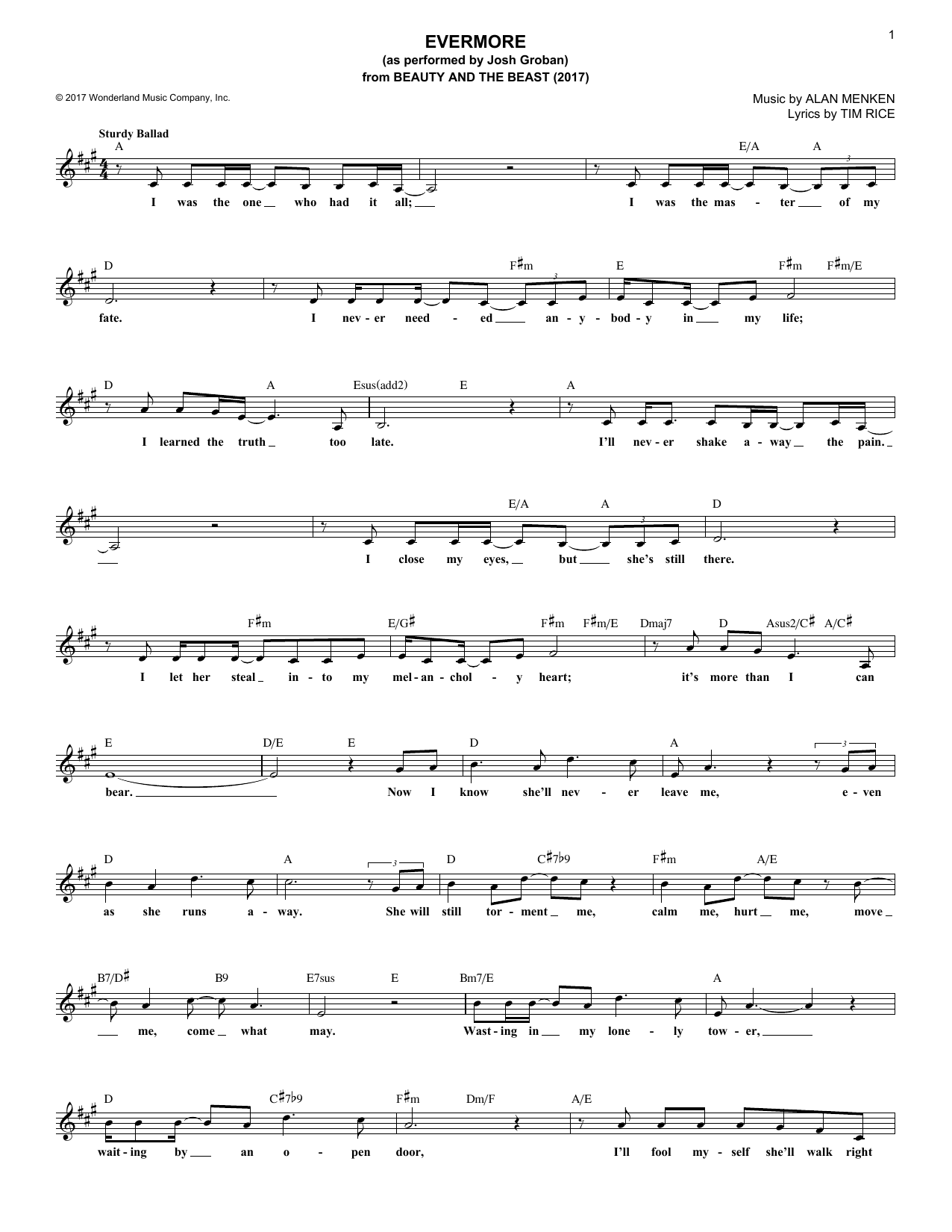 Alan Menken Evermore (from Beauty And The Beast) (2017) Sheet Music Notes & Chords for Lead Sheet / Fake Book - Download or Print PDF
