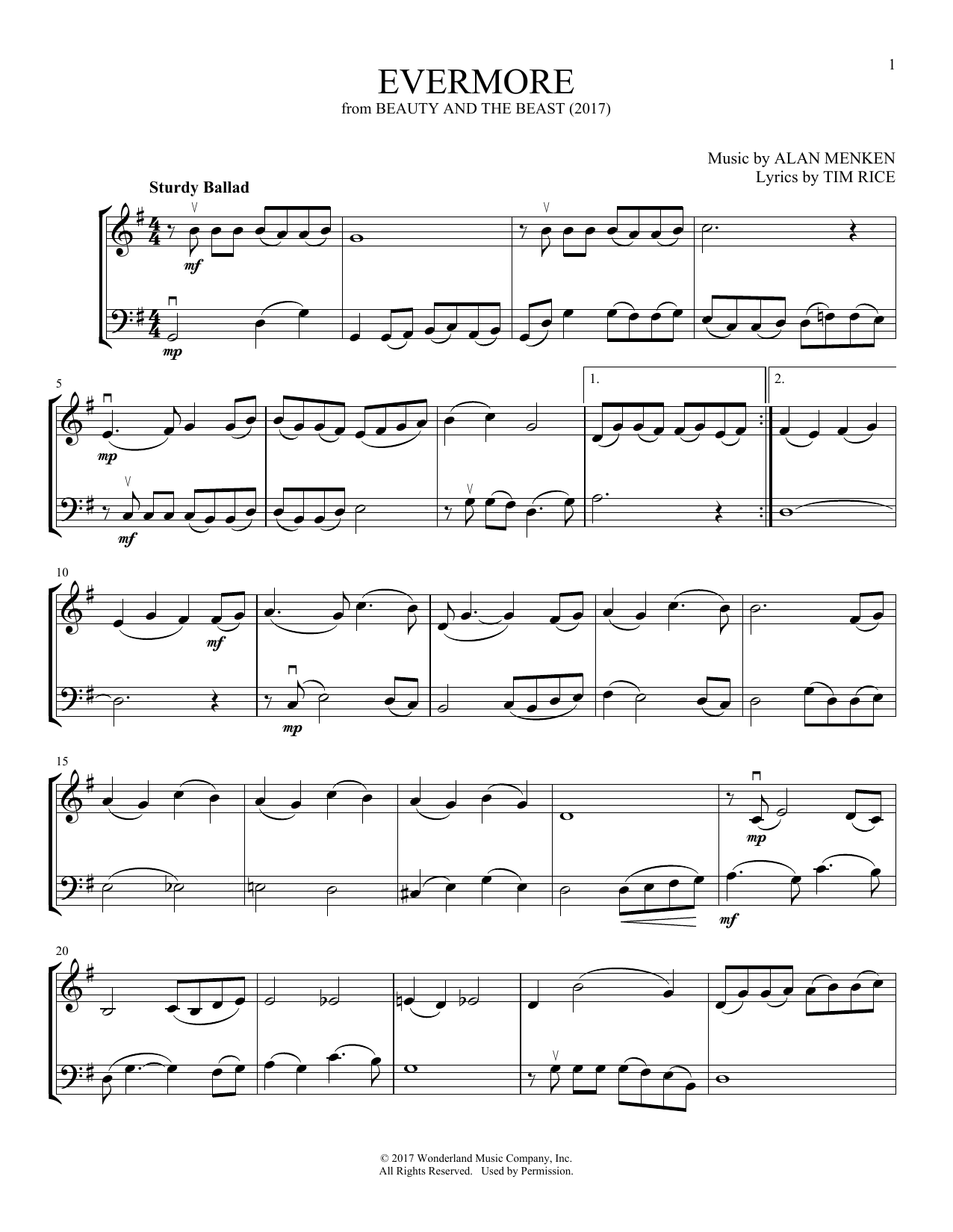Alan Menken Evermore (from Beauty And The Beast) (arr. Michelle Hynson) Sheet Music Notes & Chords for Instrumental Duet - Download or Print PDF