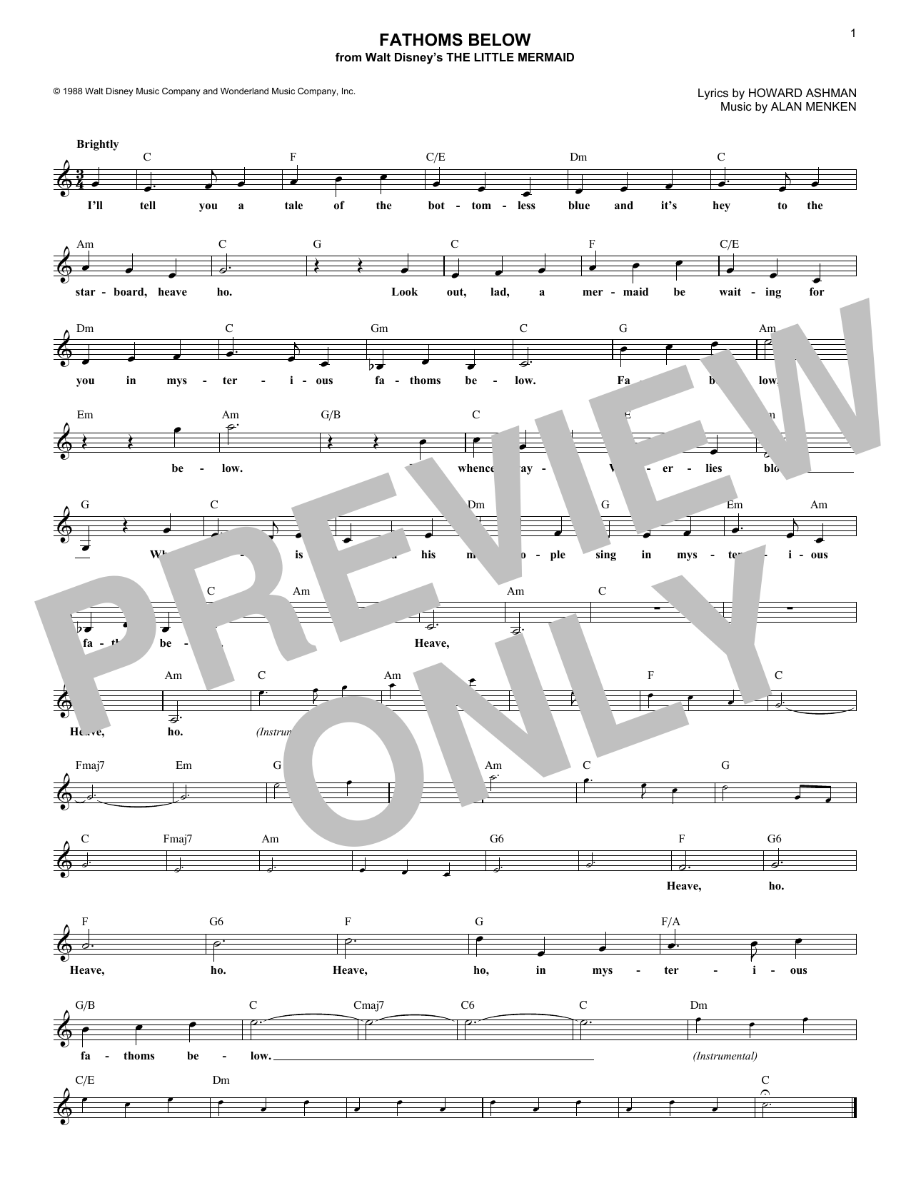 Alan Menken Fathoms Below (from The Little Mermaid) Sheet Music Notes & Chords for Melody Line, Lyrics & Chords - Download or Print PDF