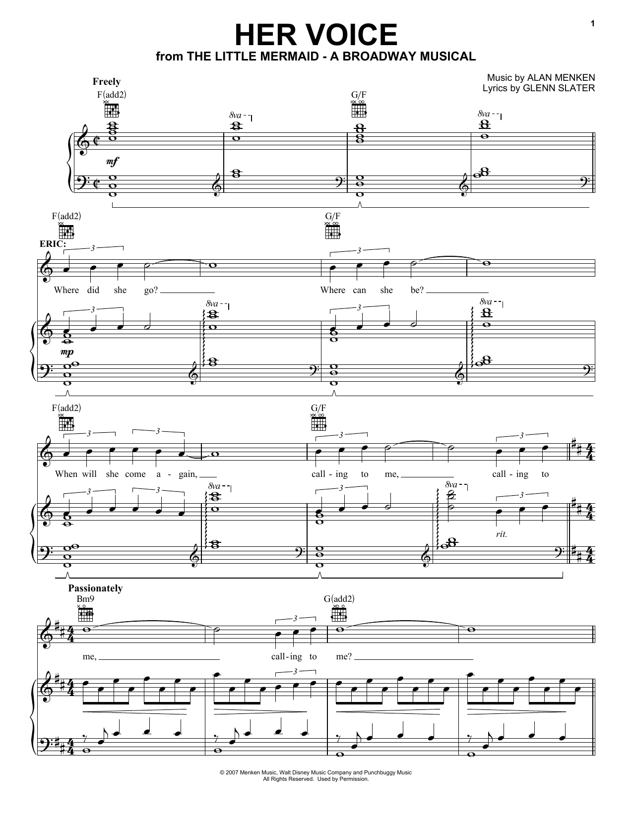 Alan Menken Her Voice (from The Little Mermaid: A Broadway Musical) Sheet Music Notes & Chords for Piano, Vocal & Guitar (Right-Hand Melody) - Download or Print PDF