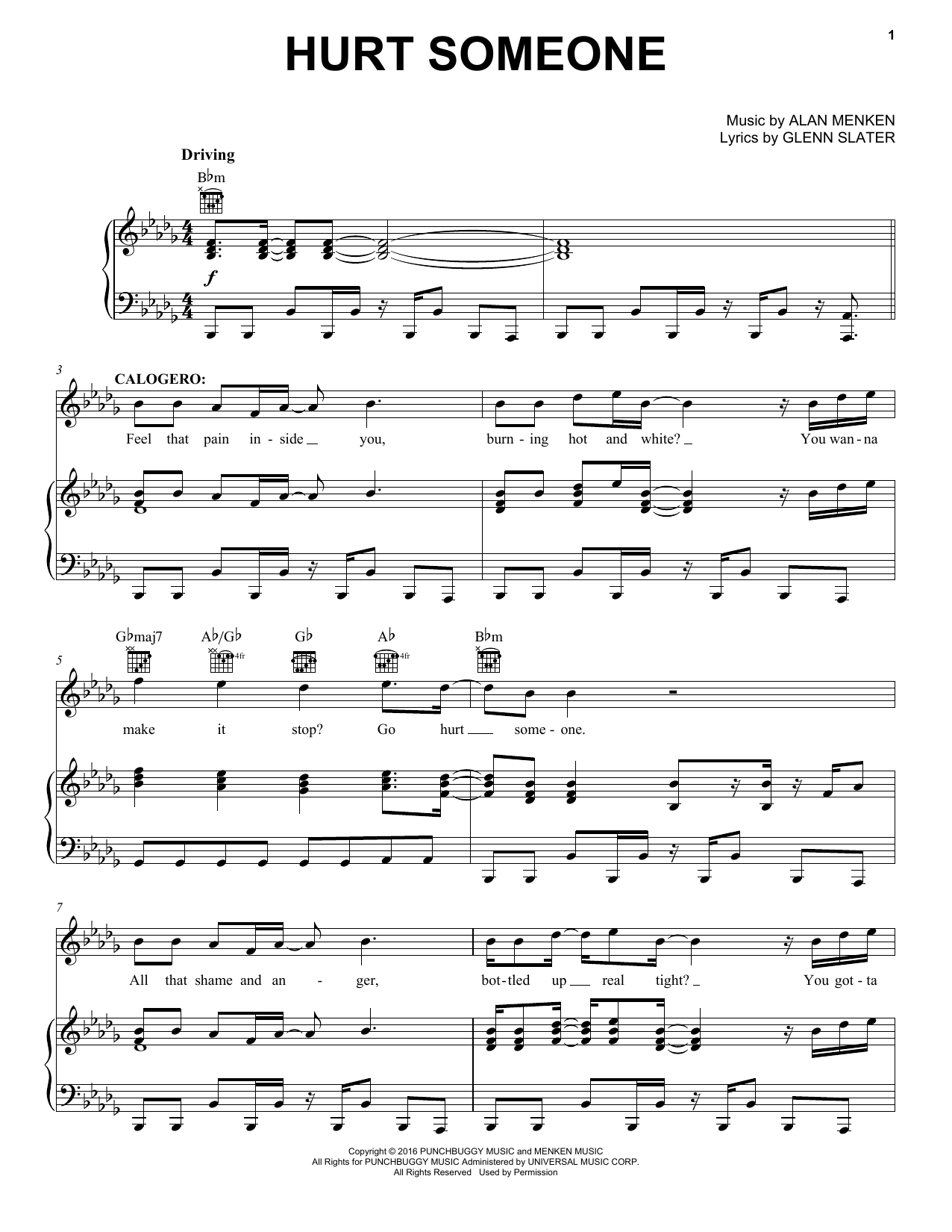 Alan Menken Hurt Someone Sheet Music Notes & Chords for Piano, Vocal & Guitar (Right-Hand Melody) - Download or Print PDF