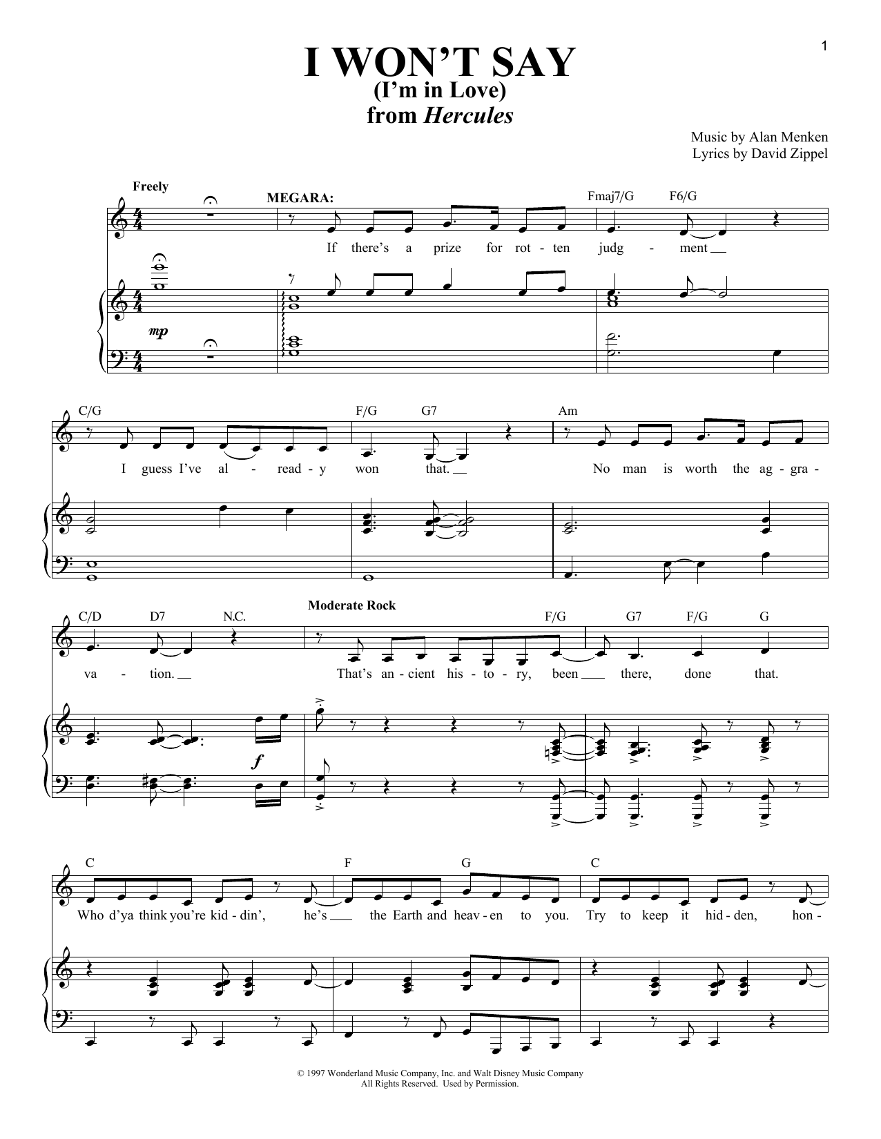 Alan Menken I Won't Say (I'm In Love) (from Hercules) Sheet Music Notes & Chords for Guitar Chords/Lyrics - Download or Print PDF