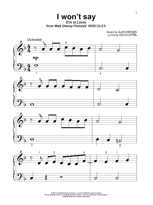 Alan Menken I Won't Say (I'm In Love) Sheet Music Notes & Chords for Piano (Big Notes) - Download or Print PDF