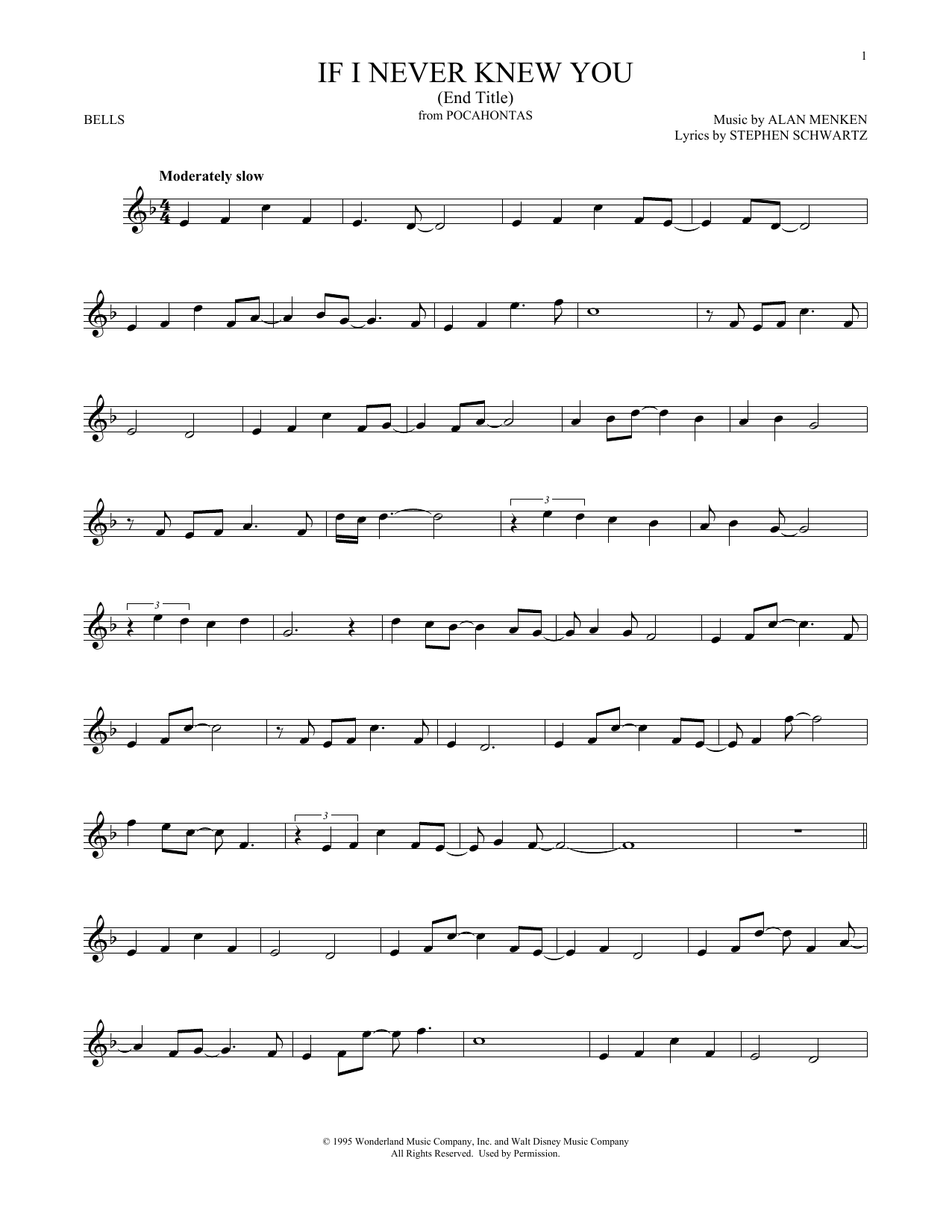 Alan Menken If I Never Knew You (End Title from Pocahontas) Sheet Music Notes & Chords for Bells Solo - Download or Print PDF