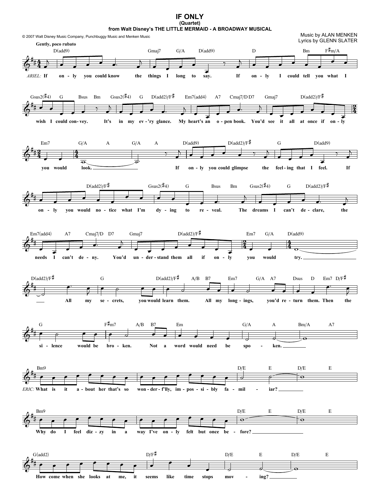 Alan Menken If Only (Quartet) Sheet Music Notes & Chords for Melody Line, Lyrics & Chords - Download or Print PDF