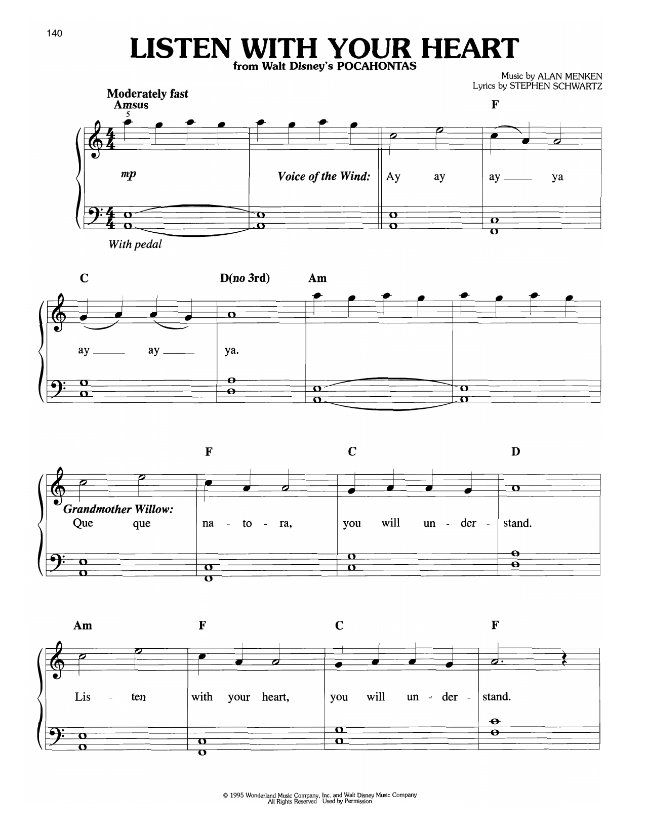 Alan Menken Listen With Your Heart (from Pocahontas) Sheet Music Notes & Chords for Easy Piano - Download or Print PDF