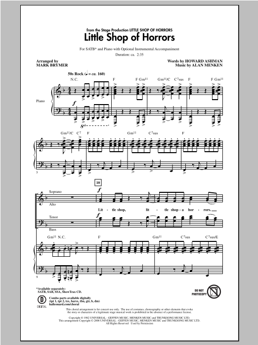 Alan Menken Little Shop Of Horrors (from Little Shop of Horrors) (arr. Mark Brymer) Sheet Music Notes & Chords for SAB - Download or Print PDF Alan Menken Little Shop Of Horrors (from Little Shop of Horrors) (arr. Mark Brymer) Sheet Music Notes & Chords for SAB - Download or Print PDF