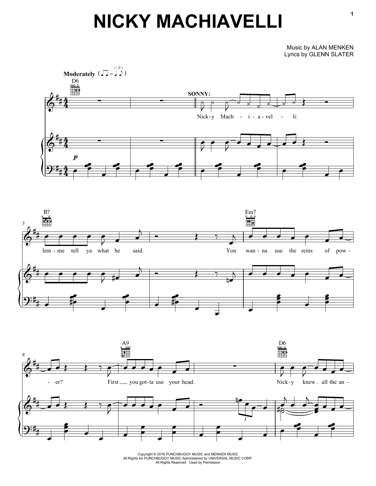 Alan Menken Nicky Machiavelli Sheet Music Notes & Chords for Piano, Vocal & Guitar (Right-Hand Melody) - Download or Print PDF