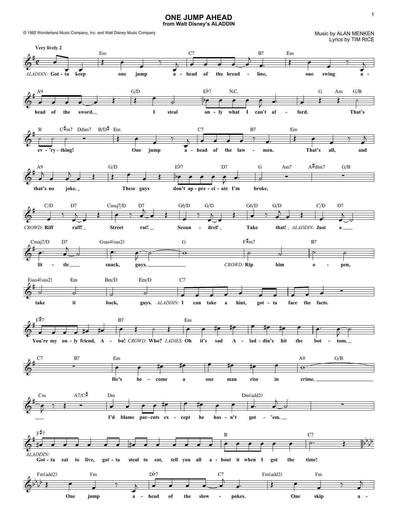 Alan Menken One Jump Ahead (from Aladdin) Sheet Music Notes & Chords for Piano, Vocal & Guitar (Right-Hand Melody) - Download or Print PDF