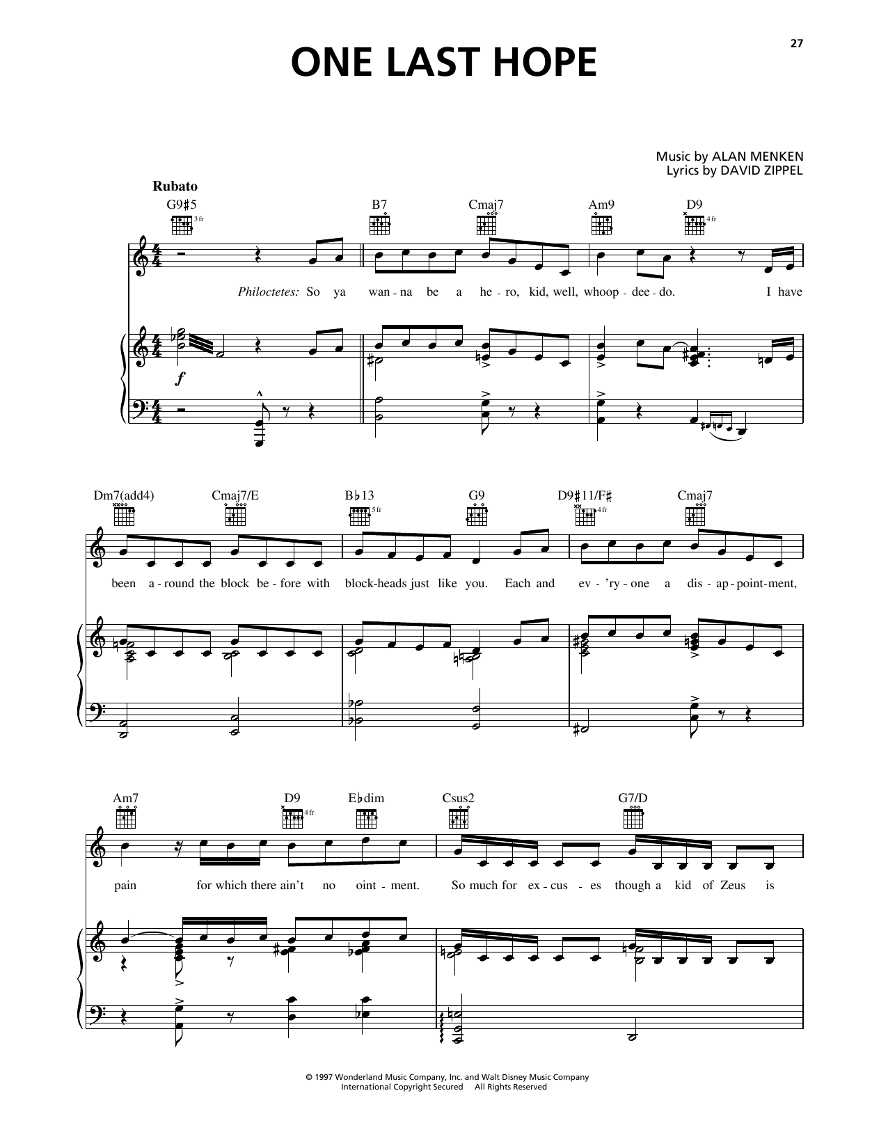 Alan Menken One Last Hope (from Hercules) Sheet Music Notes & Chords for Piano, Vocal & Guitar Chords (Right-Hand Melody) - Download or Print PDF