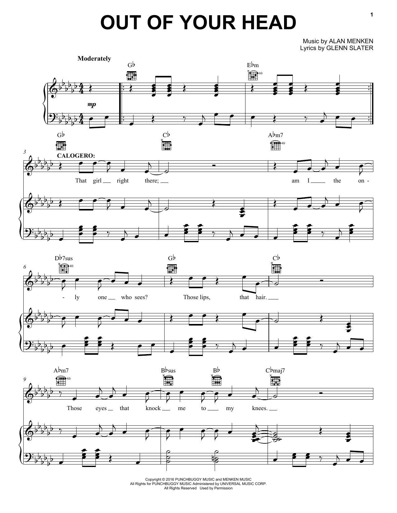 Alan Menken Out Of Your Head Sheet Music Notes & Chords for Piano, Vocal & Guitar (Right-Hand Melody) - Download or Print PDF