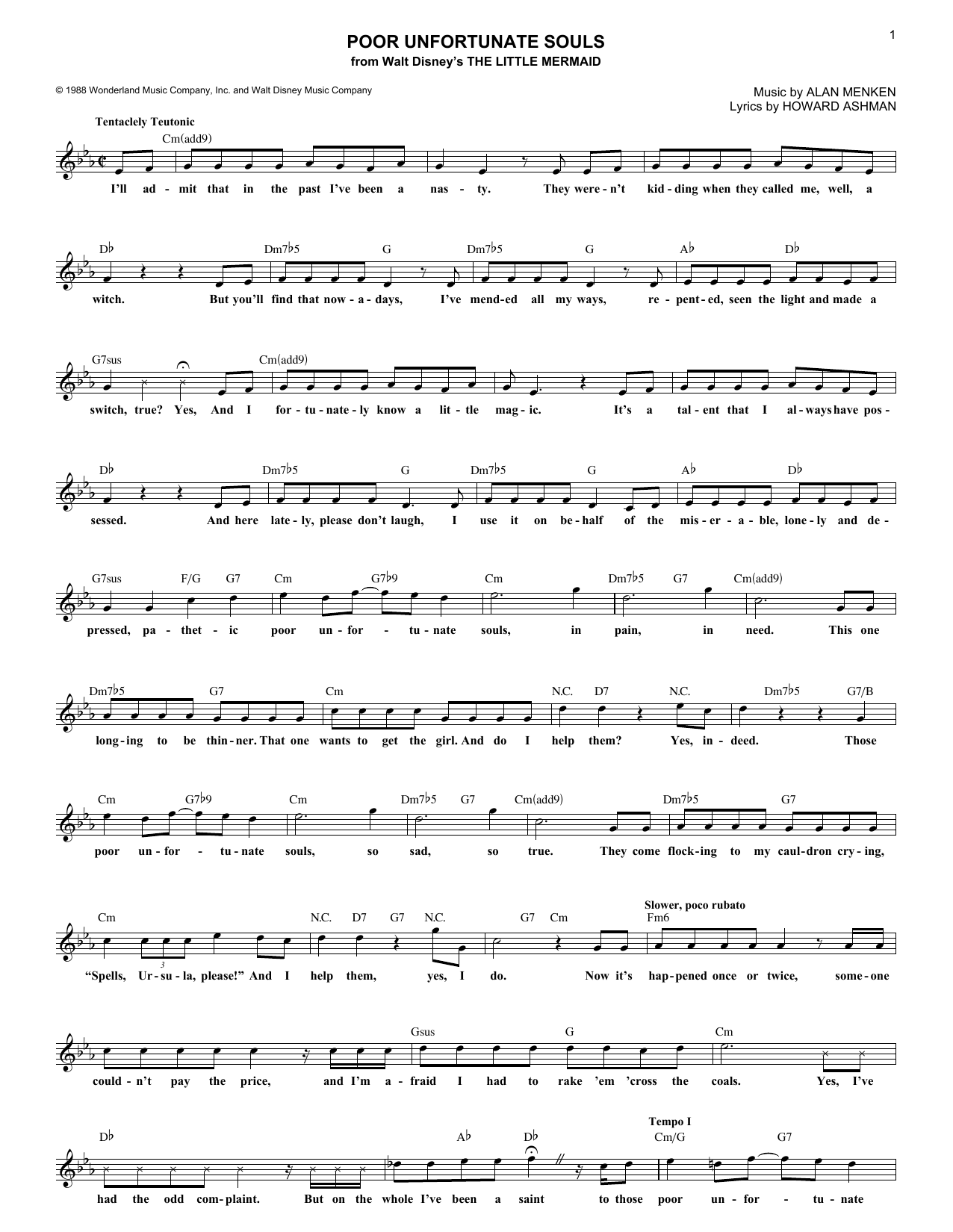 Alan Menken Poor Unfortunate Souls (from The Little Mermaid) Sheet Music Notes & Chords for Melody Line, Lyrics & Chords - Download or Print PDF