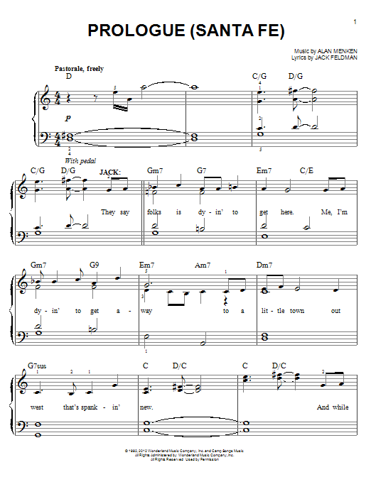 Alan Menken Prologue (Santa Fe) Sheet Music Notes & Chords for Easy Piano - Download or Print PDF
