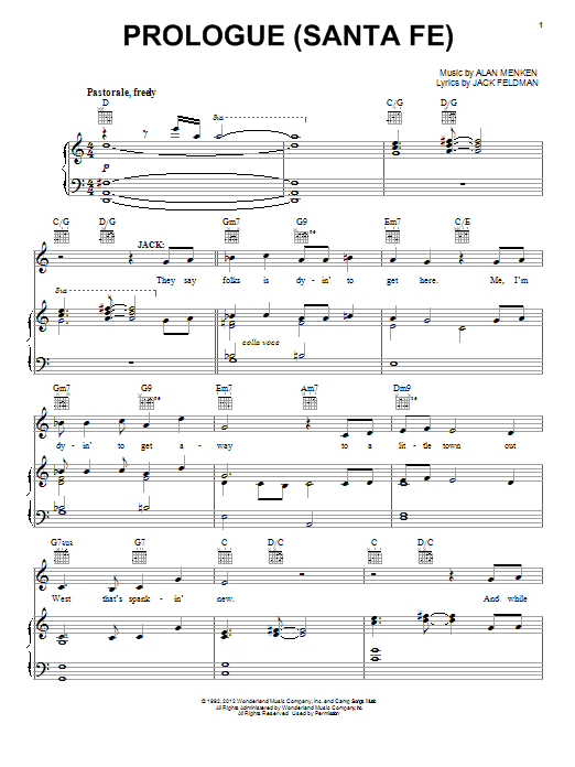 Alan Menken Prologue (Santa Fe) Sheet Music Notes & Chords for Piano, Vocal & Guitar (Right-Hand Melody) - Download or Print PDF