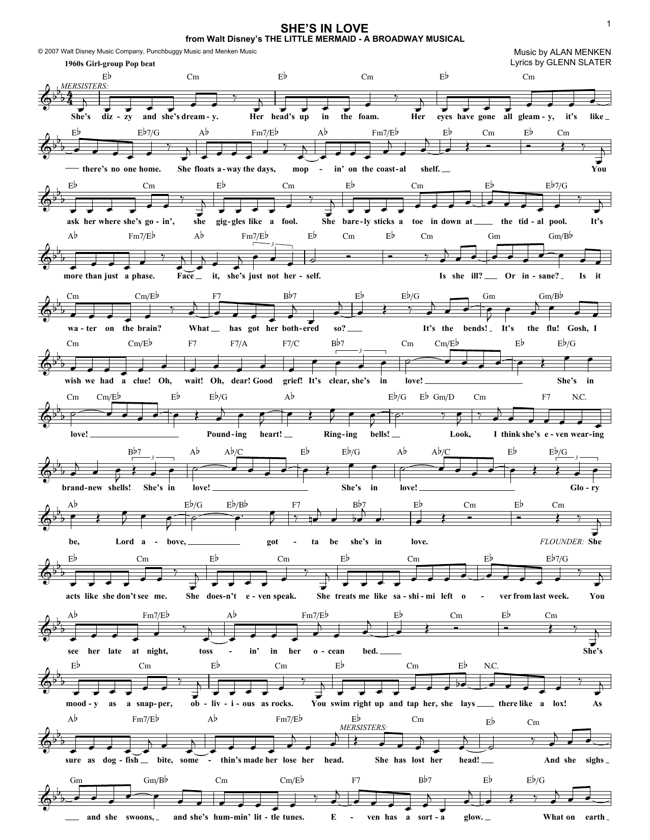 Alan Menken She's In Love Sheet Music Notes & Chords for Melody Line, Lyrics & Chords - Download or Print PDF