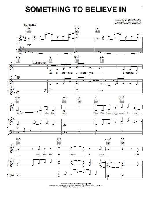 Alan Menken Something To Believe In Sheet Music Notes & Chords for Piano, Vocal & Guitar (Right-Hand Melody) - Download or Print PDF