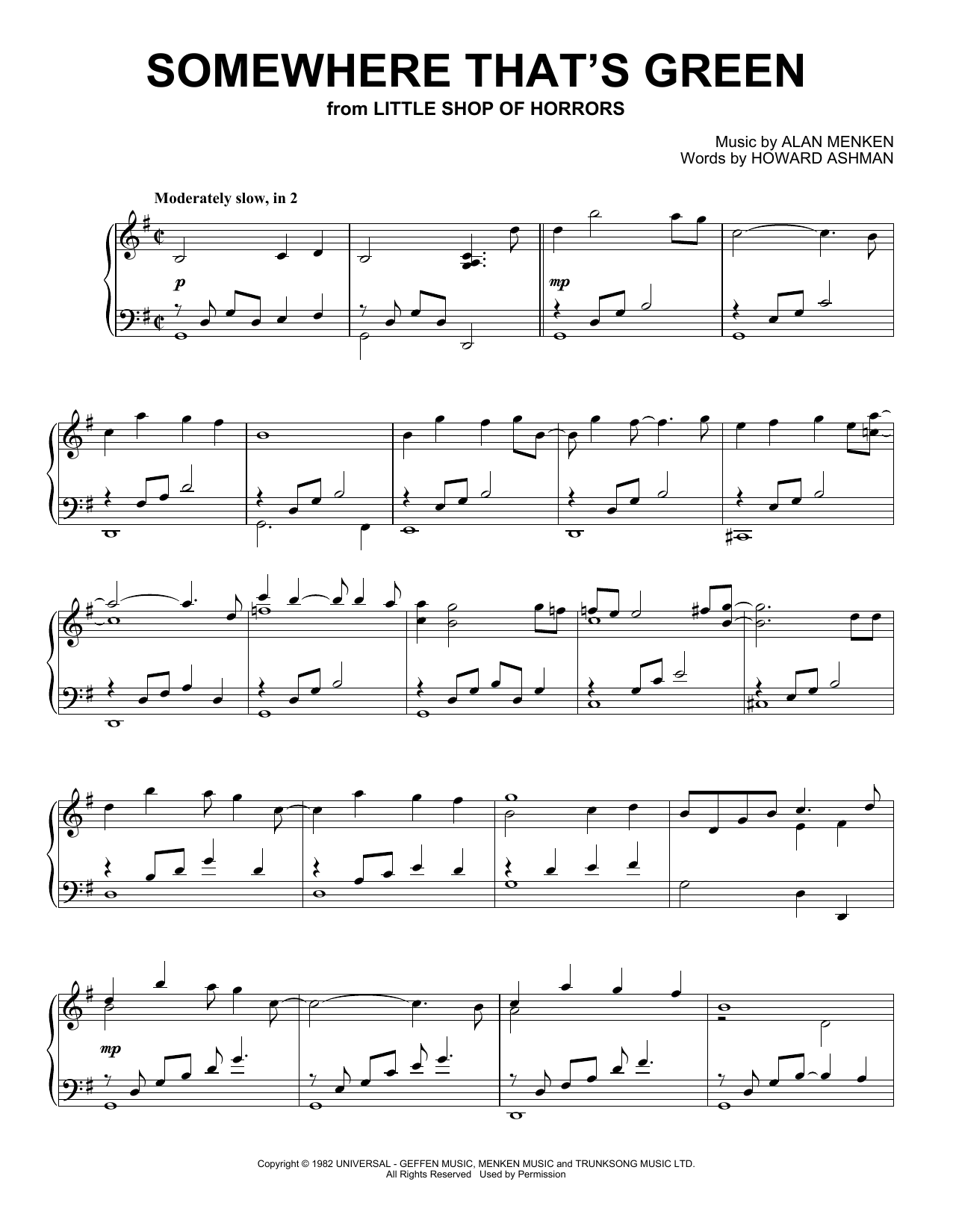 Alan Menken Somewhere That's Green (from Little Shop Of Horrors) (Peaceful Piano Solo) Sheet Music Notes & Chords for Piano Solo - Download or Print PDF Alan Menken Somewhere That's Green (from Little Shop Of Horrors) (Peaceful Piano Solo) Sheet Music Notes & Chords for Piano Solo - Download or Print PDF
