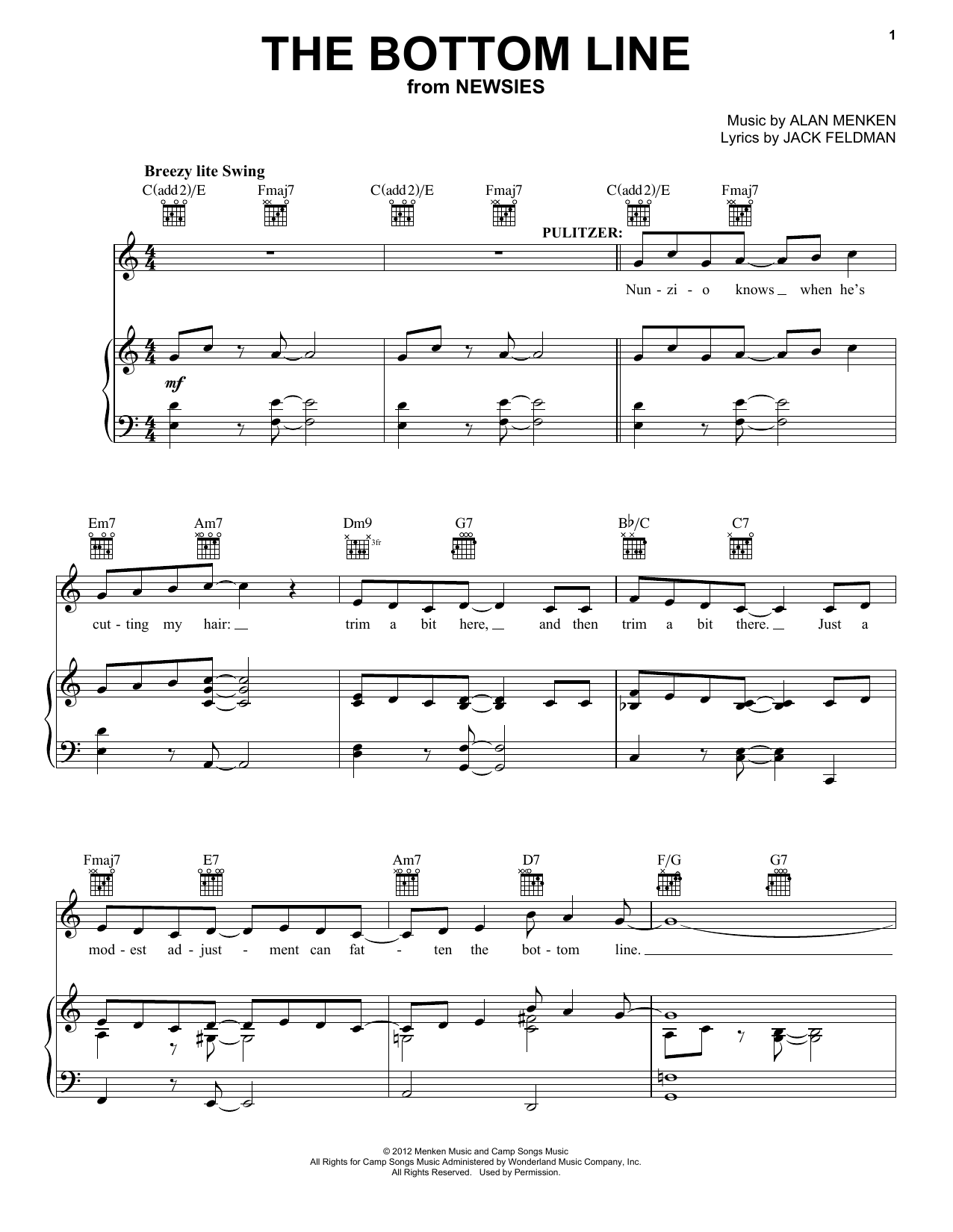 Alan Menken The Bottom Line Sheet Music Notes & Chords for Piano, Vocal & Guitar (Right-Hand Melody) - Download or Print PDF