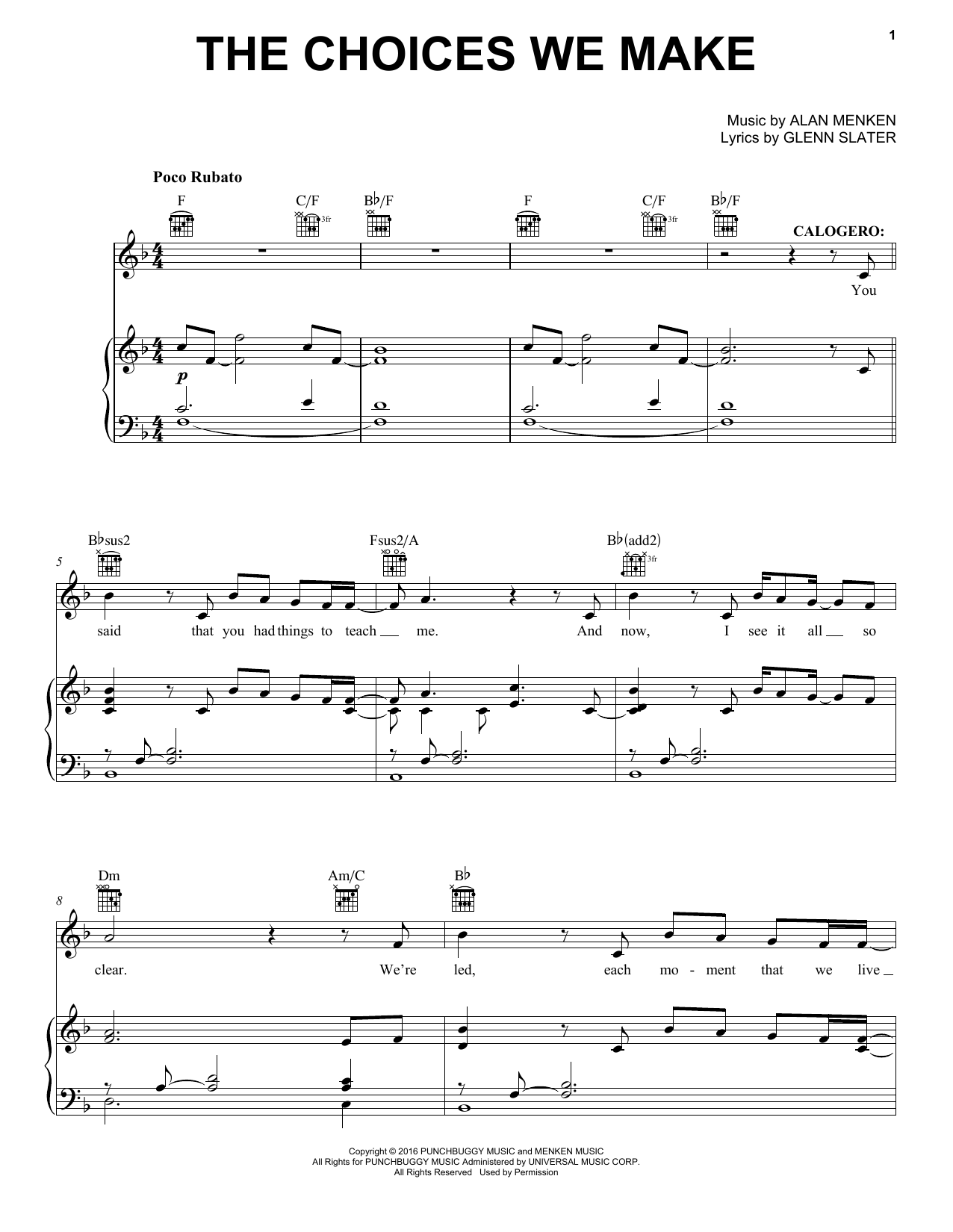 Alan Menken The Choices We Make Sheet Music Notes & Chords for Piano, Vocal & Guitar (Right-Hand Melody) - Download or Print PDF